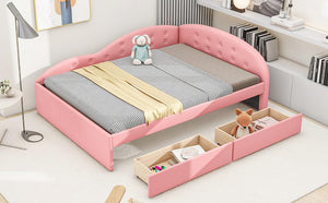 Full Size PU Upholstered Tufted Daybed with Two Drawers and Cloud Shaped Guardrail, Pink