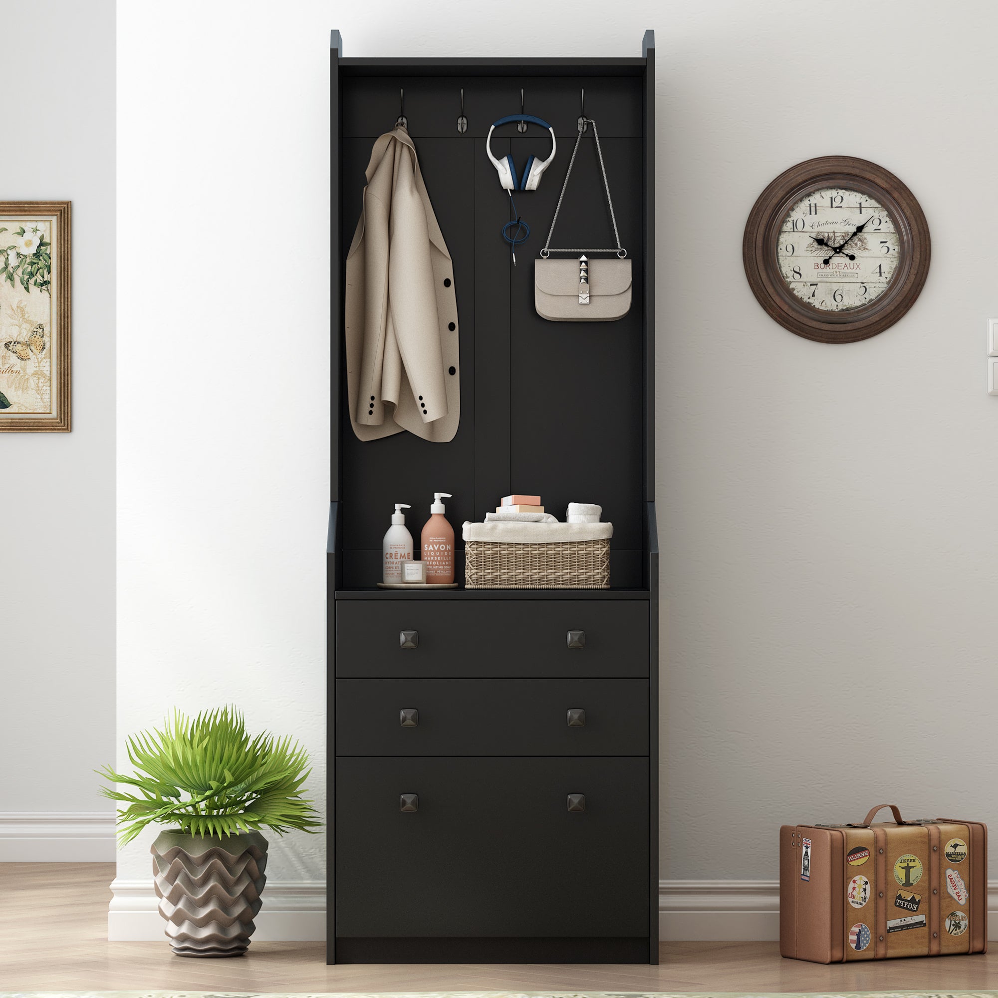 🆓🚛 27.5''W Narrow Hall Tree With Flip Drawer, Multi-Functional Coat Rack With 4 Hanging Hooks & Drawers, Adjustable Shoe Storage Cabinet for Hallway, Living Room, Black