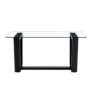 Glass Dining Table Large Modern Minimalist Rectangular  for 6-8 with 0.4" Tempered Glass Tabletop and Black MDFTrapezoid Bracket, For Kitchen Dining Living Meeting Room Banquet Hall