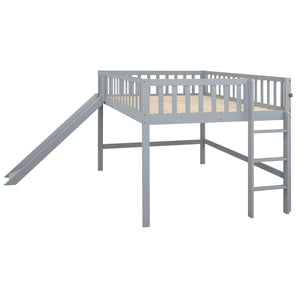 Full Size Low Loft Bed with Ladder and Slide, Gray