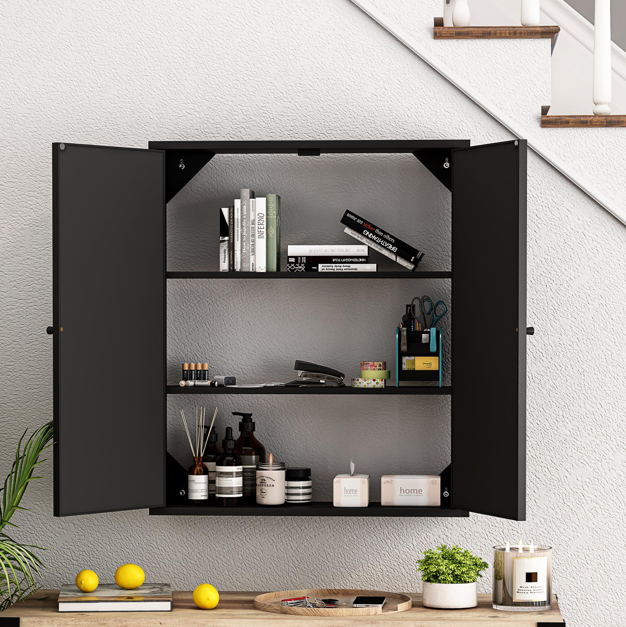 🆓🚛 23.62 "Vintage Two Door Wall Cabinet With Mirror, Three-Level Entrance Storage Space for Living Room, Bathroom, Dining Room, Black