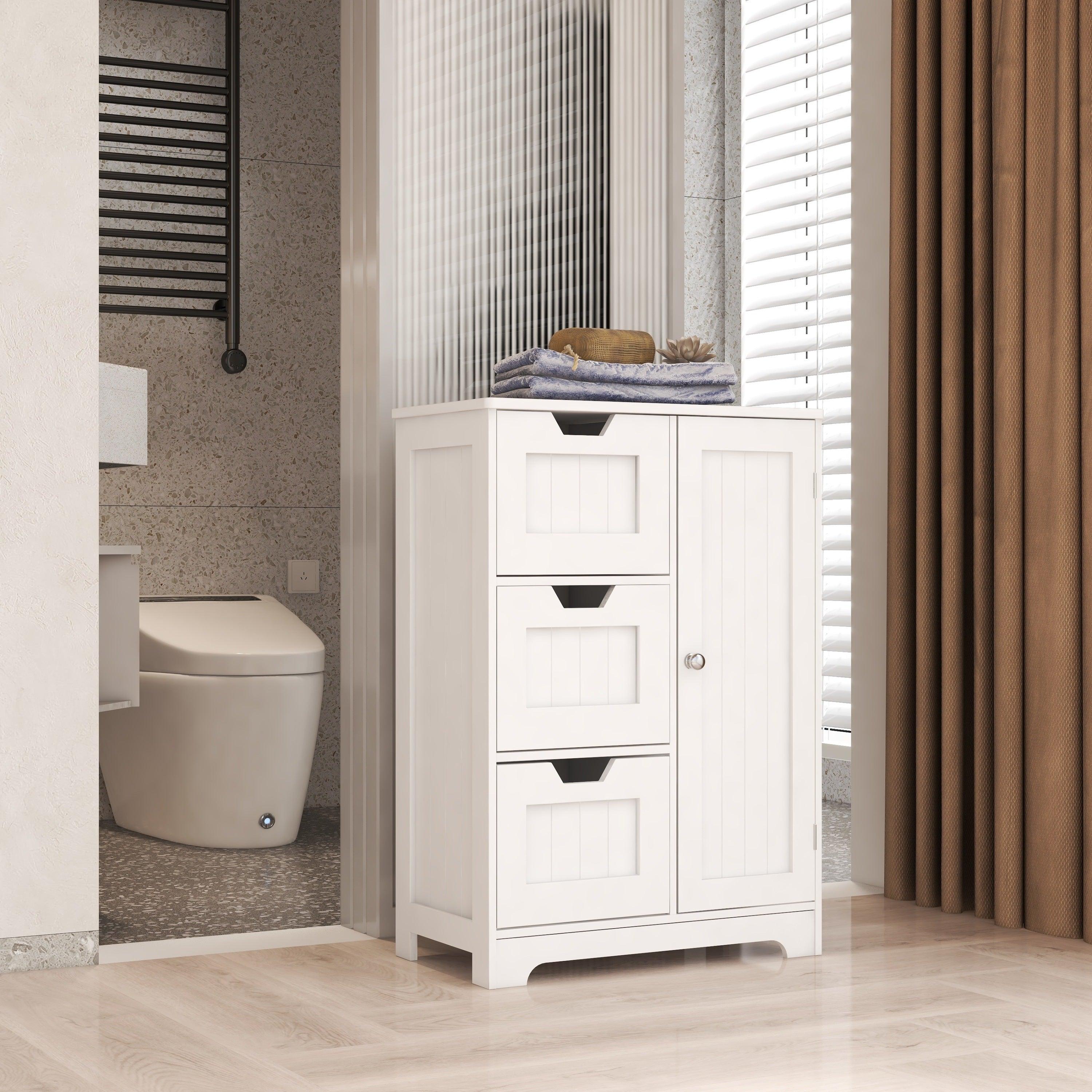 🆓🚛 White Freestanding Storage Cabinet for Bathroom & Living Room (One Door With Three Drawers)