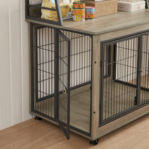 Furniture Style Dog Crate Side Table With Shelves, Equipped With Double Doors And A Raised Roof. Grey, 38.58 ''W X 25.5 ''D X 57 ''H