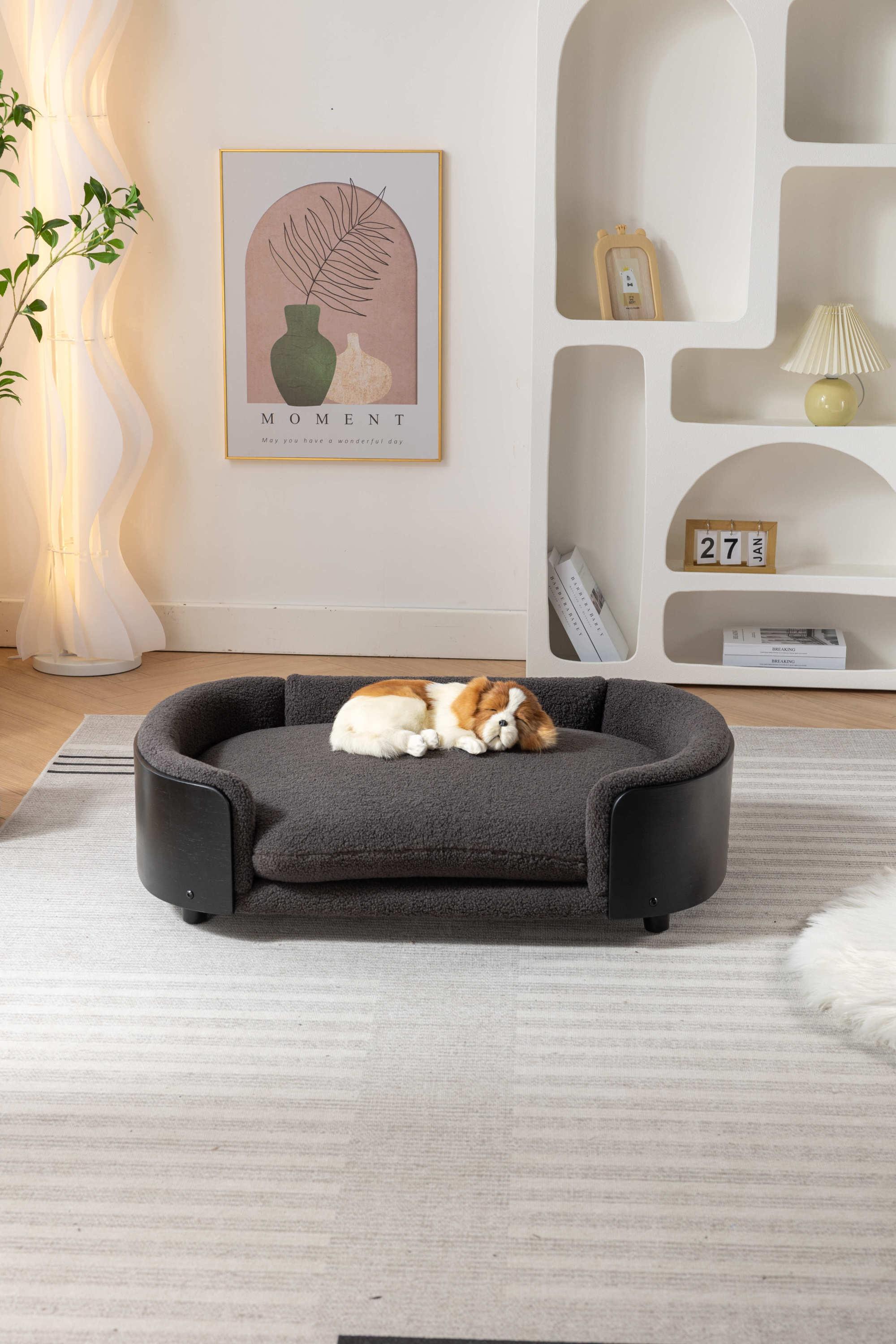 🆓🚛 Scandinavian Style Elevated Dog Bed Pet Sofa With Solid Wood Legs & Black Bent Wood Back, Cashmere Cushion, Large Size