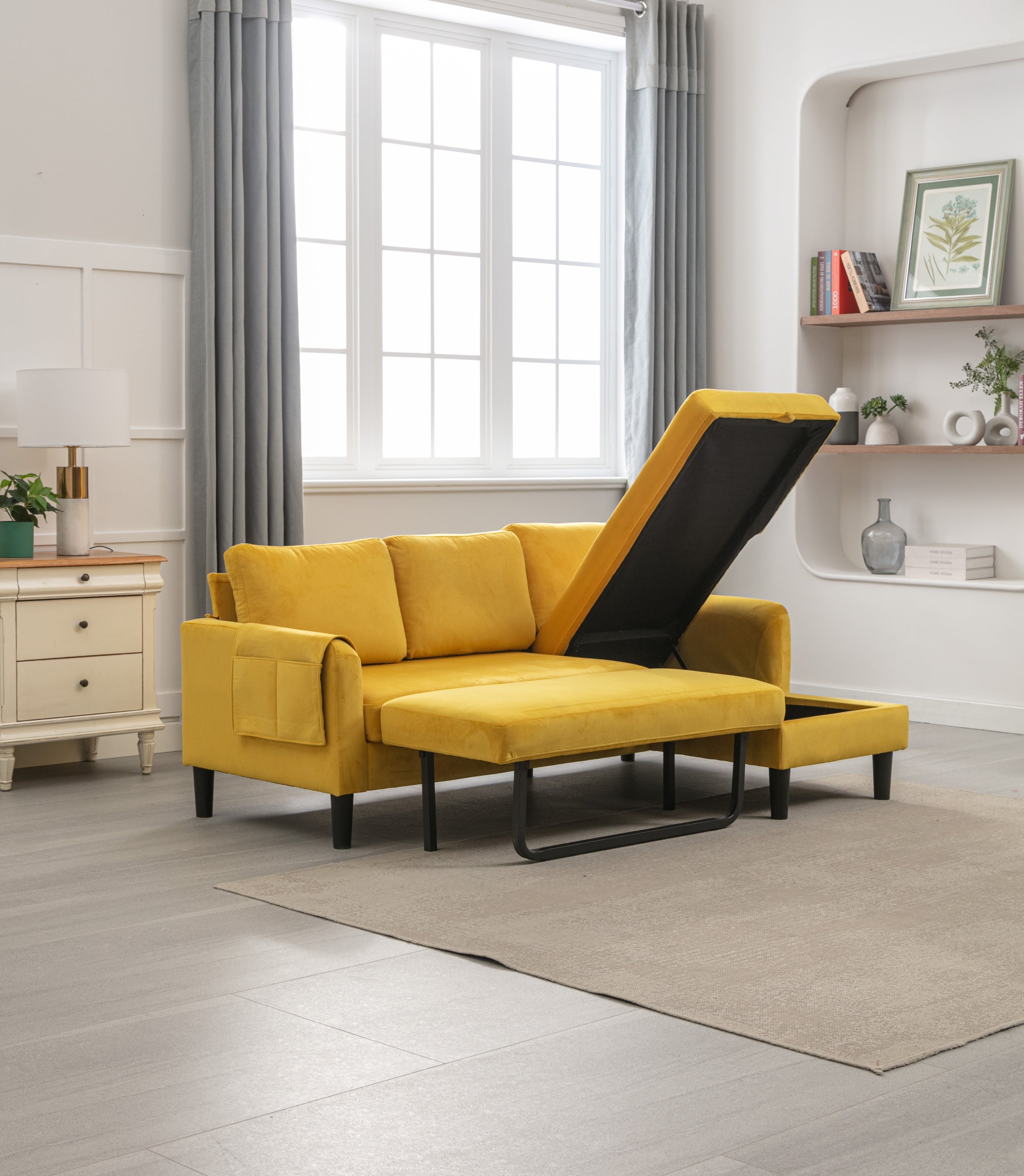 🆓🚛 Sectional Sofa Reversible Sectional Sleeper Sectional Sofa With Storage Chaise, Mustard Yellow