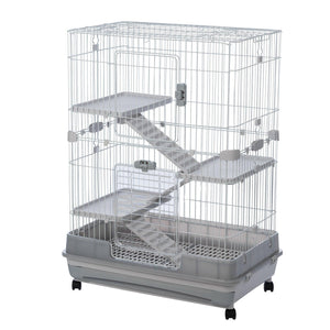 4-Tier 32" Small Animal Metal Cage Height Adjustable With Lockable Casters  Grilles Pull-Out Tray For Rabbit Chinchilla Ferret Bunny Guinea Pig Squirrel Hedgehog, GREY