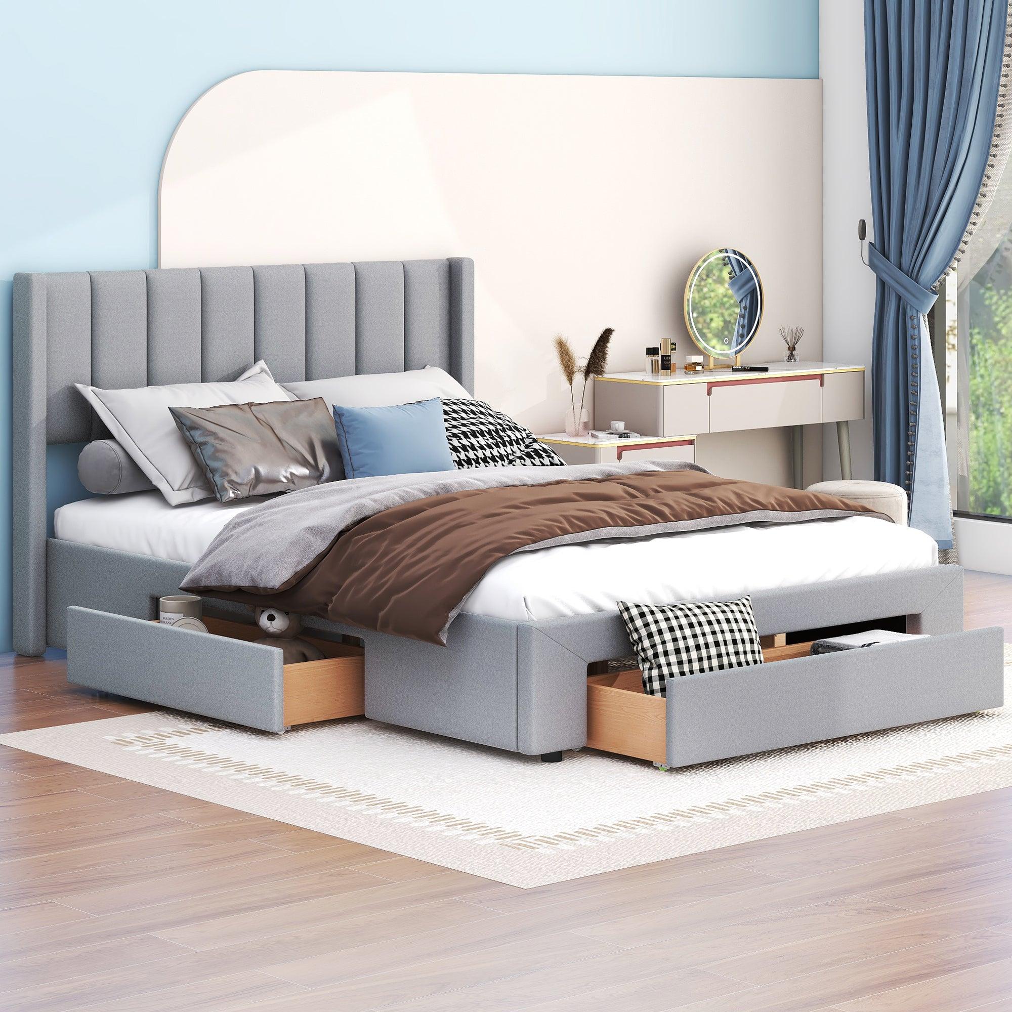 🆓🚛 Queen Size Upholstered Platform Bed With One Large Drawer in The Footboard & Drawer On Each Side, Gray