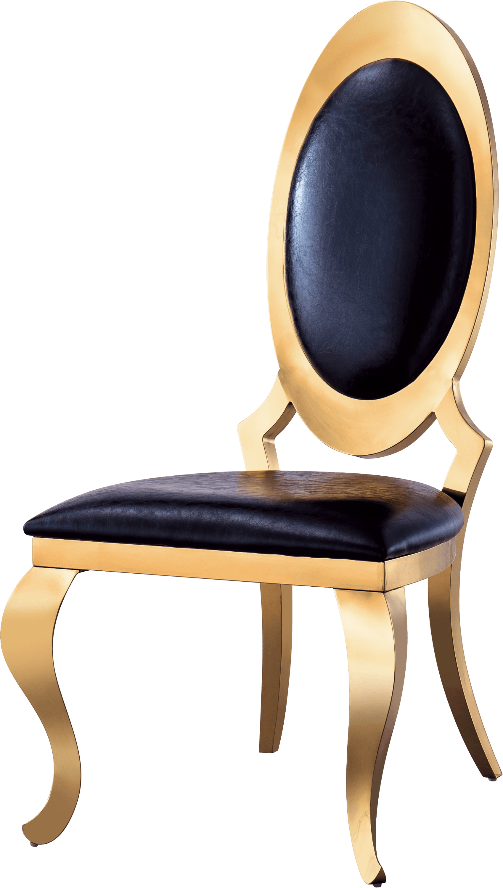 🆓🚛 Leatherette Dining Chair With Oval Backrest Set Of 2, Stainless Steel Legs, Black & Gold
