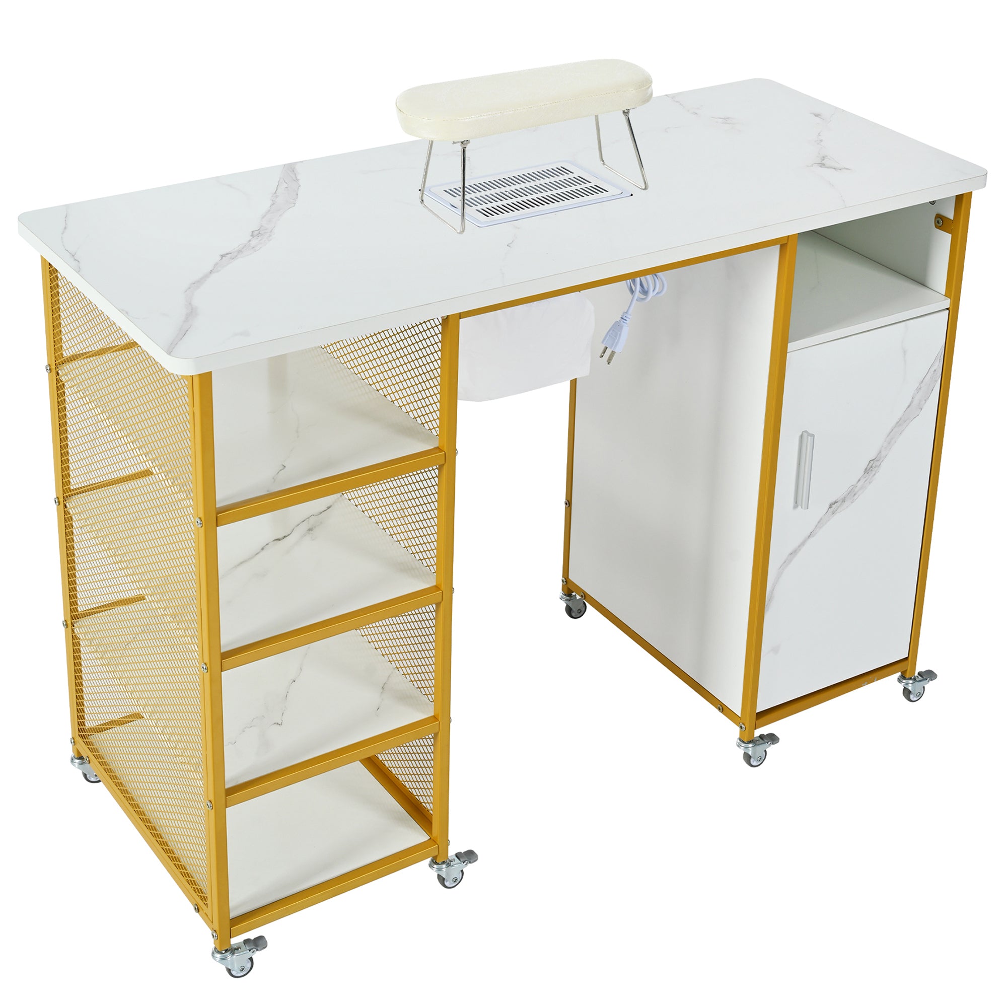 🆓🚛 Manicure Table, Marbling Texture Nail Table With Electric Downdraft Vent, Wrist Cushion, Lockable Wheels, Storage Layers & Cabinet, White