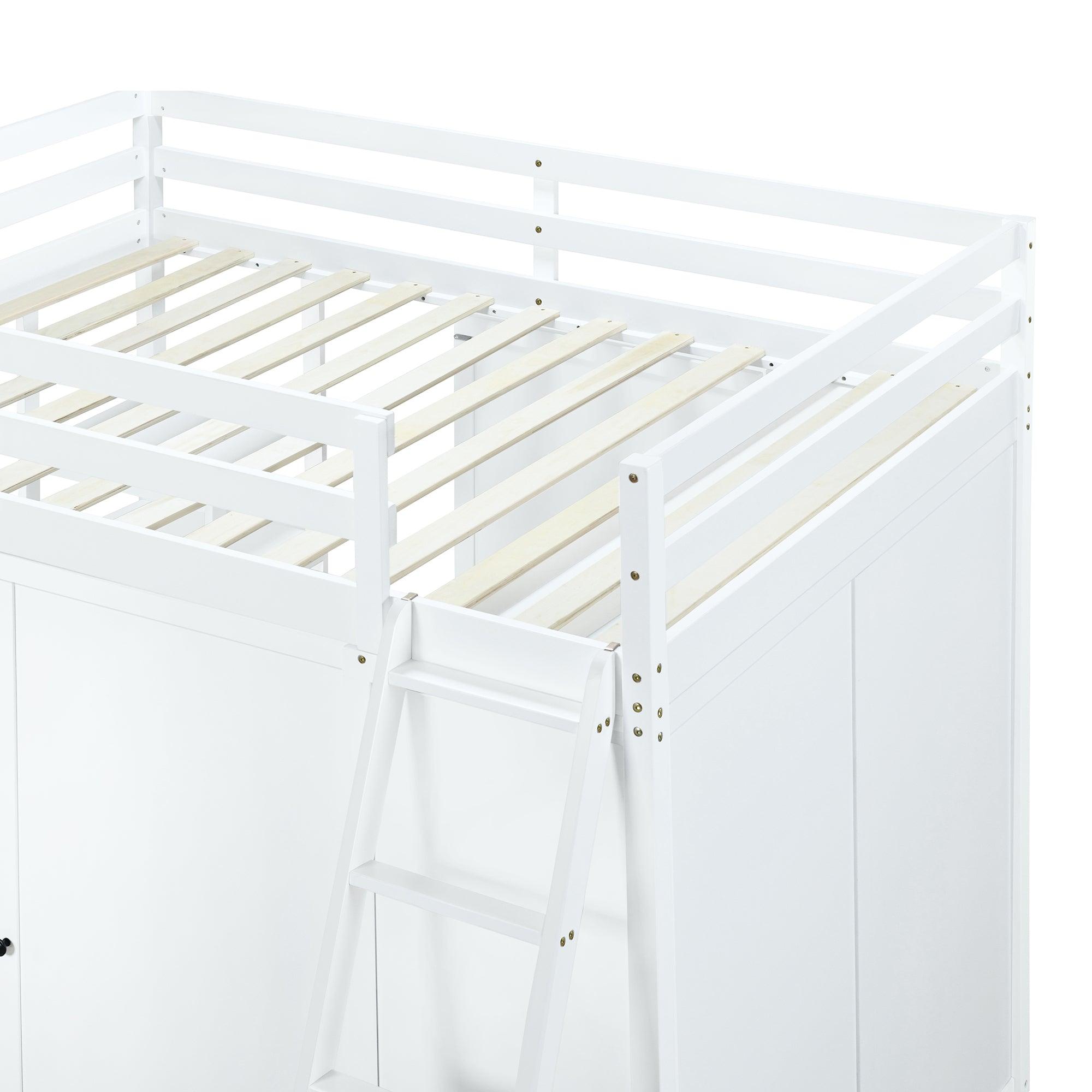 Full Size Loft Bed with Wardrobe and Desk and Shelves, White