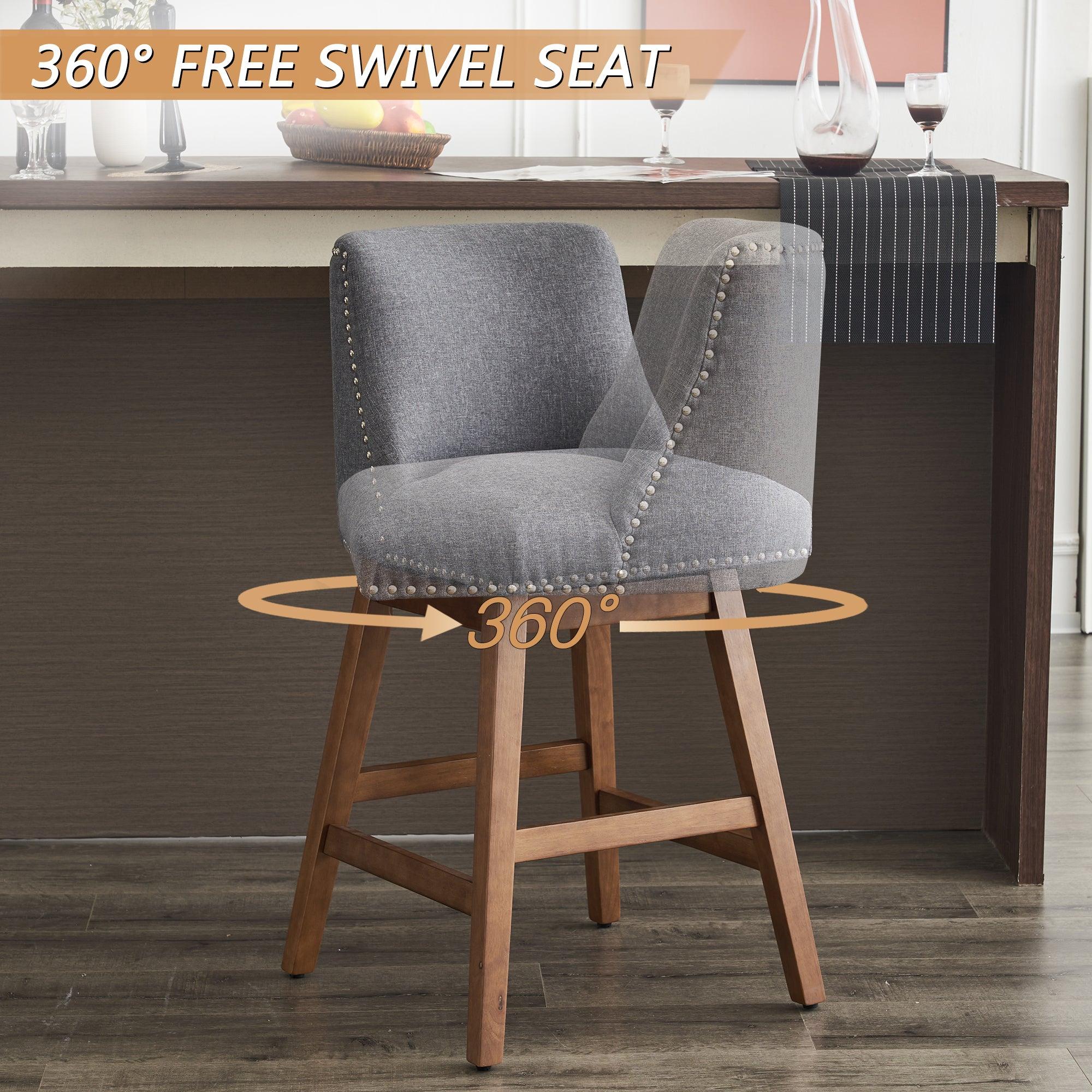 26" Upholstered Swivel Bar Stools Set of 2, Modern Linen Fabric High Back Counter Stools with Nail Head Design and Wood Frame