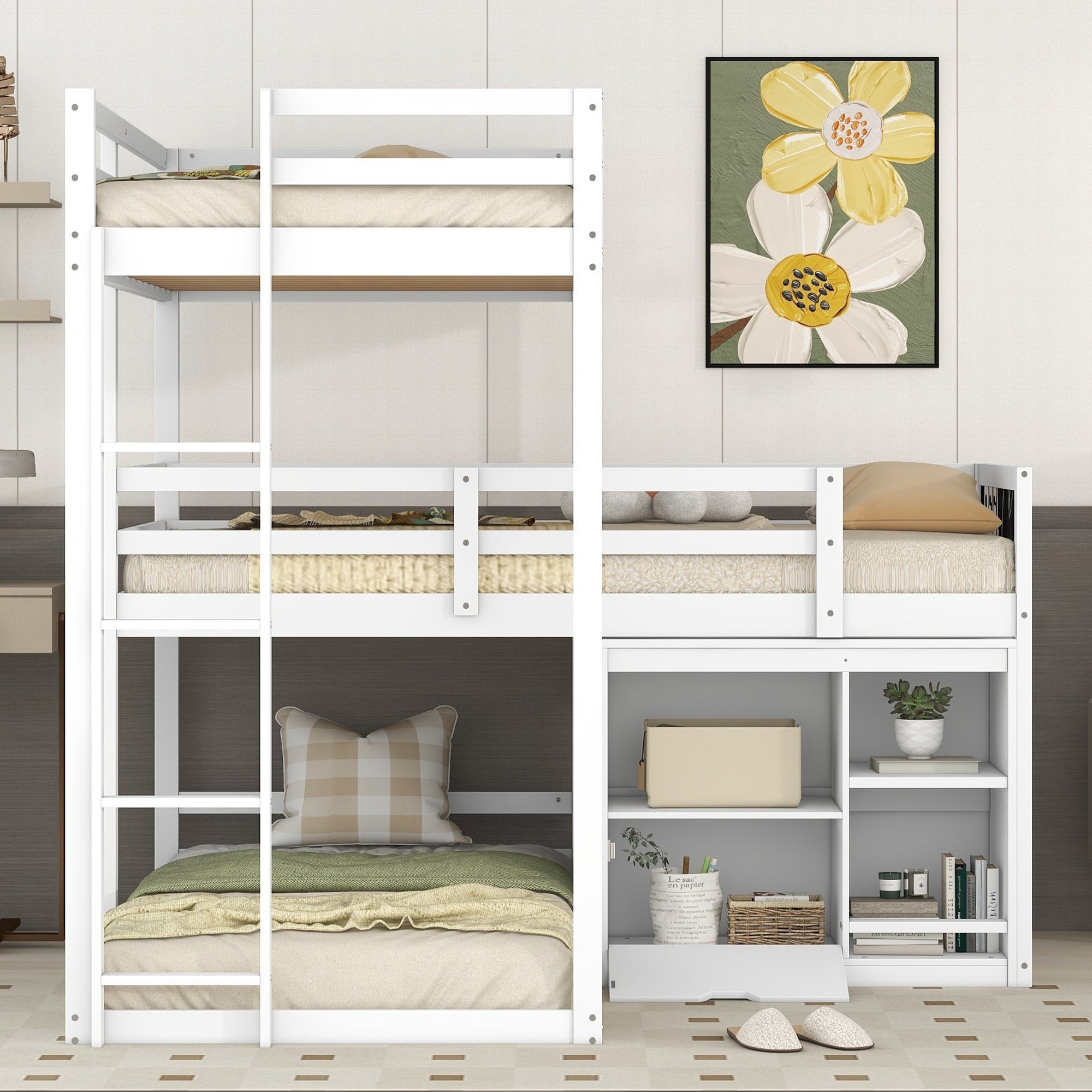 🆓🚛 L-Shaped Wood Triple Twin Size Bunk Bed With Storage Cabinet and Blackboard, Ladder, White