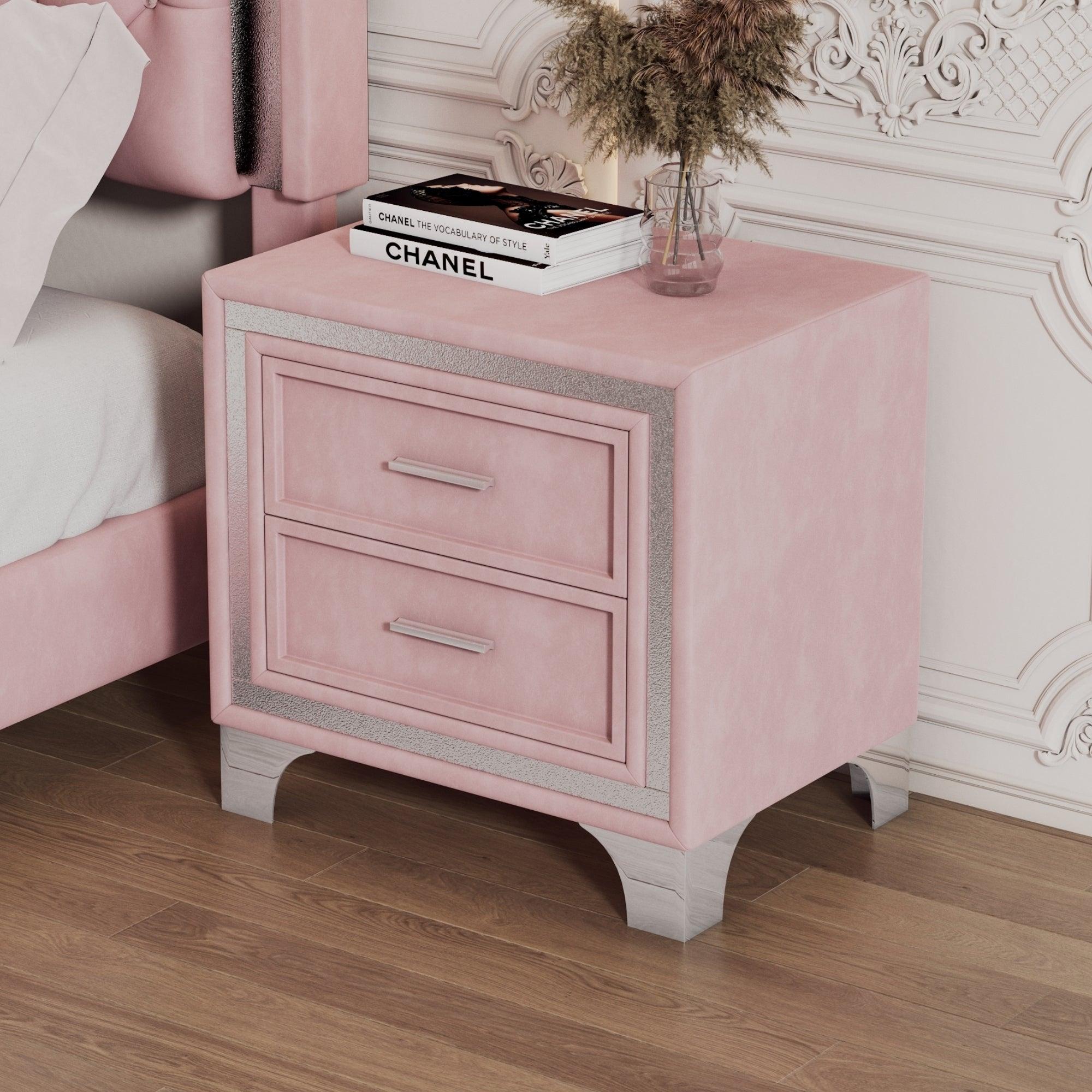 ELCRU 2-Drawer Velvet Nightstand with Metal Legs for Bedroom - Pink