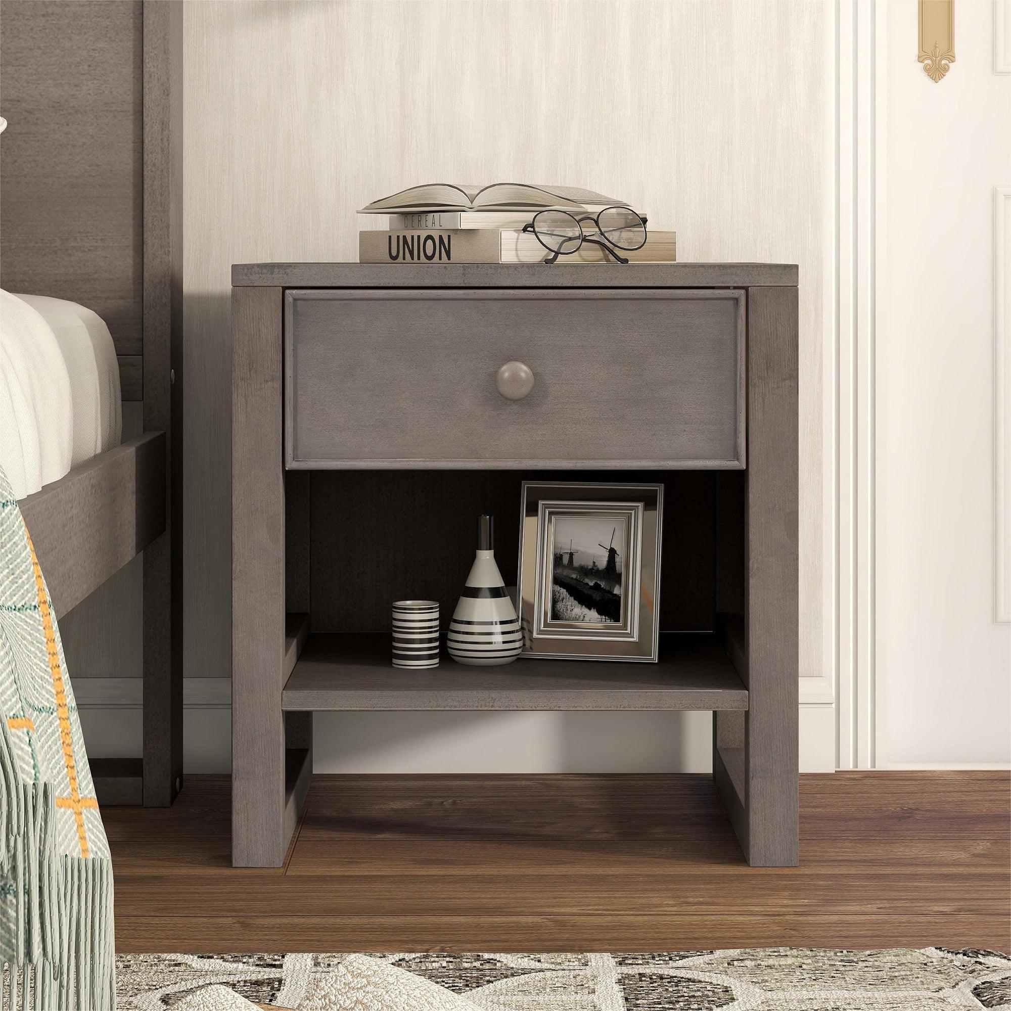 🆓🚛 Wooden Nightstand With a Drawer & An Open Storage, End Table for Bedroom, Anitque Gray