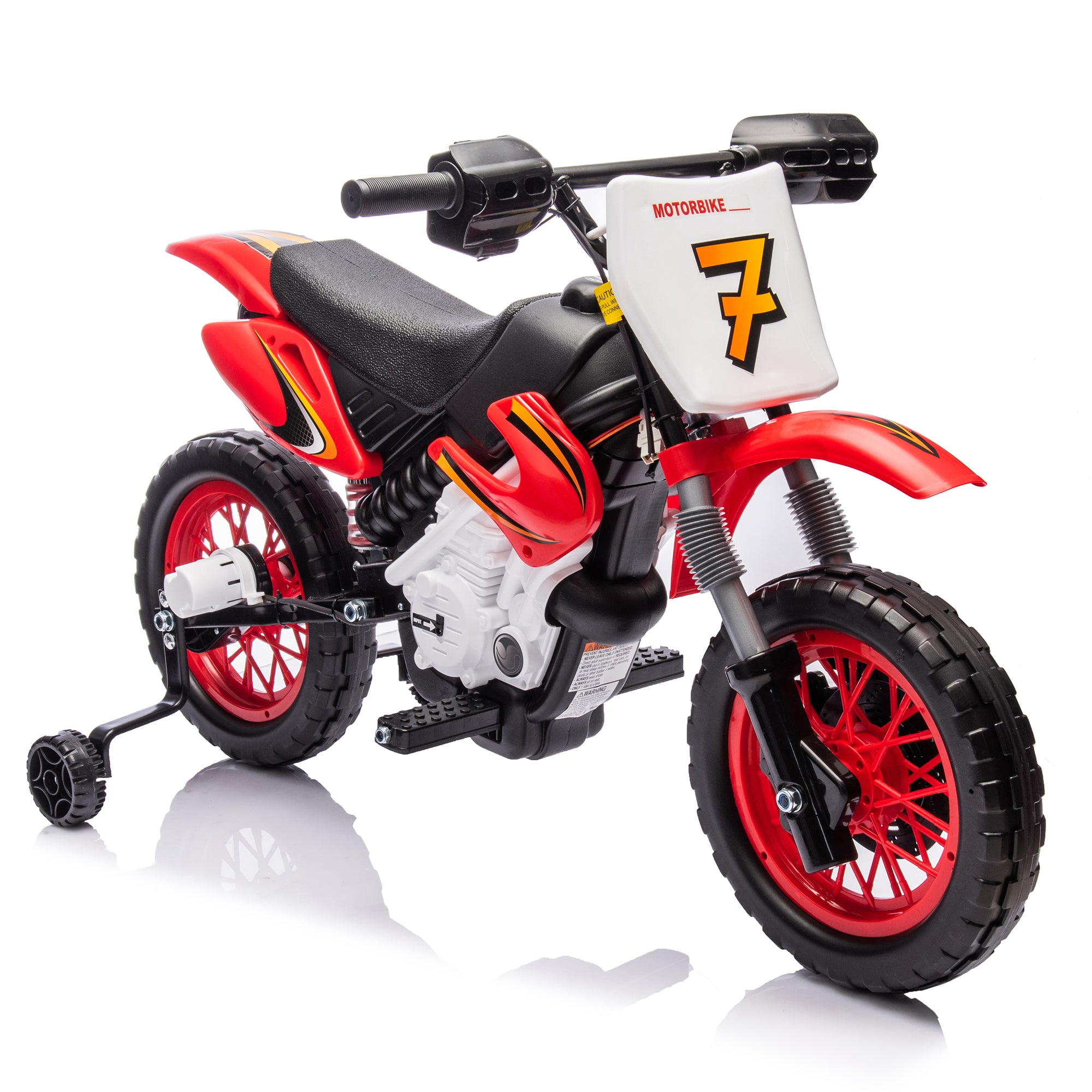 12V Kids Ride On Electric Toy Motorcycle, Rear Suspension, Twist Grip Throttle, Slow Start, Removable Training Wheels, Indie Music Box With Horn and Engine, Simulation of Dirt Bike Modeling for Kids 5+.