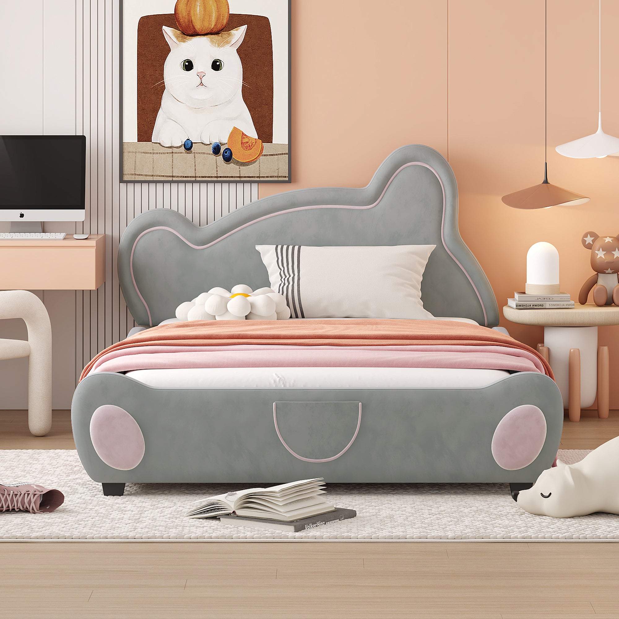 Full Size Velvet Platform Bed with Bear-Shaped Headboard, with Bed-End Storage Pocket, Gray