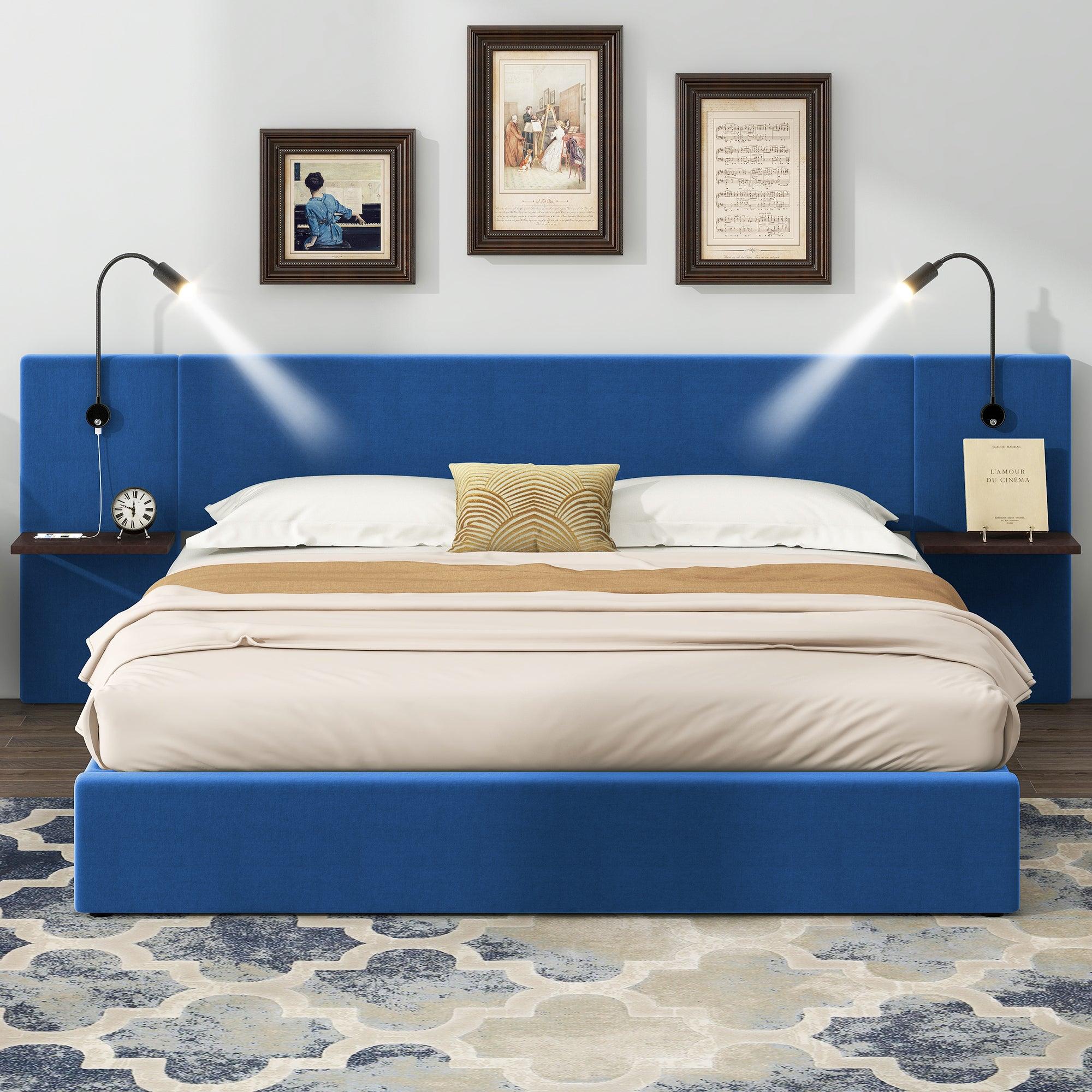 🆓🚛 Queen Size Storage Upholstered Hydraulic Platform Bed with 2 Shelves, 2 Lights and USB, Blue