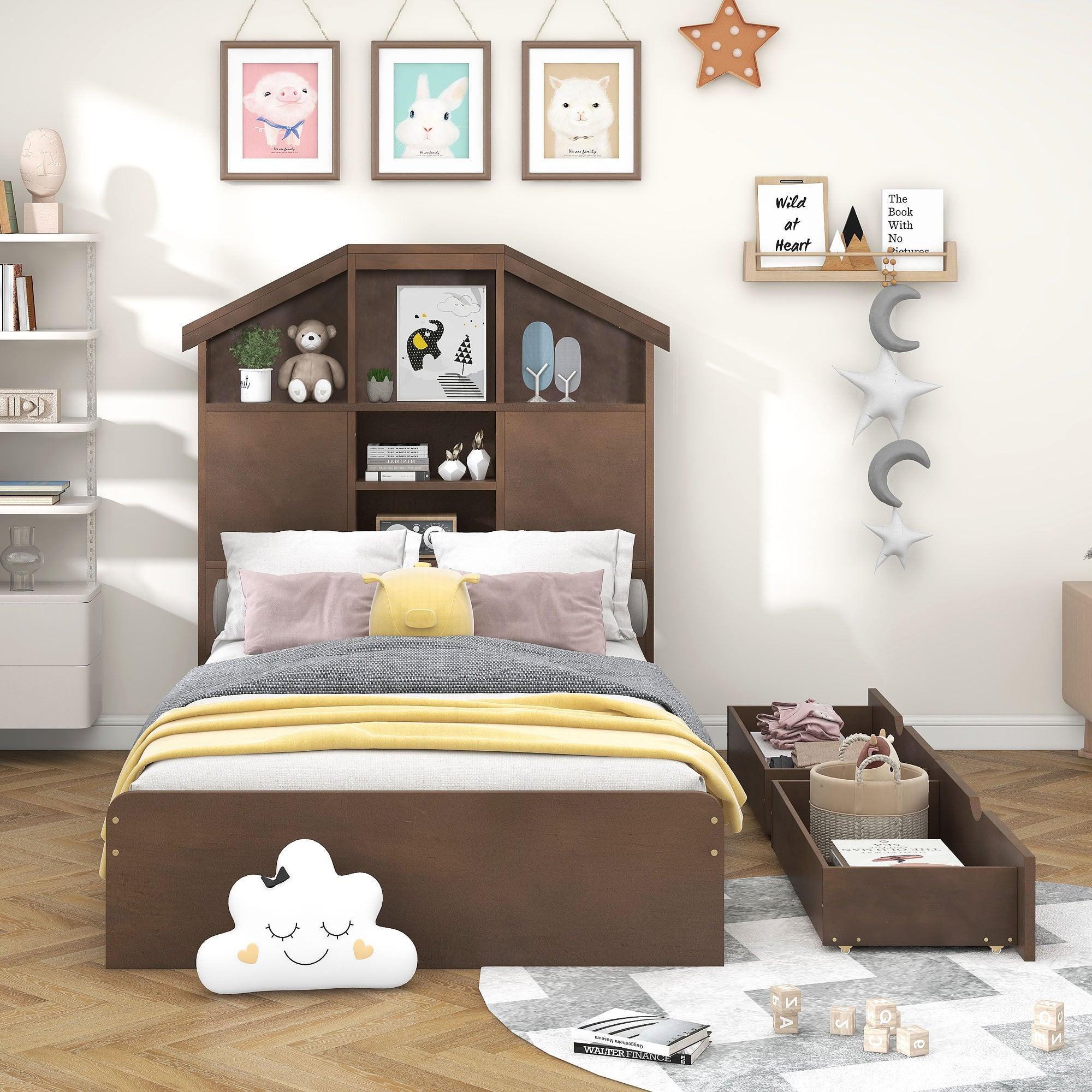 🆓🚛 Twin Size Wood Platform Bed With House-Shaped Storage Headboard & 2 Drawers, Walnut