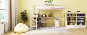 Full Size Metal Loft Bed with Desk and Lateral Storage Ladder, White