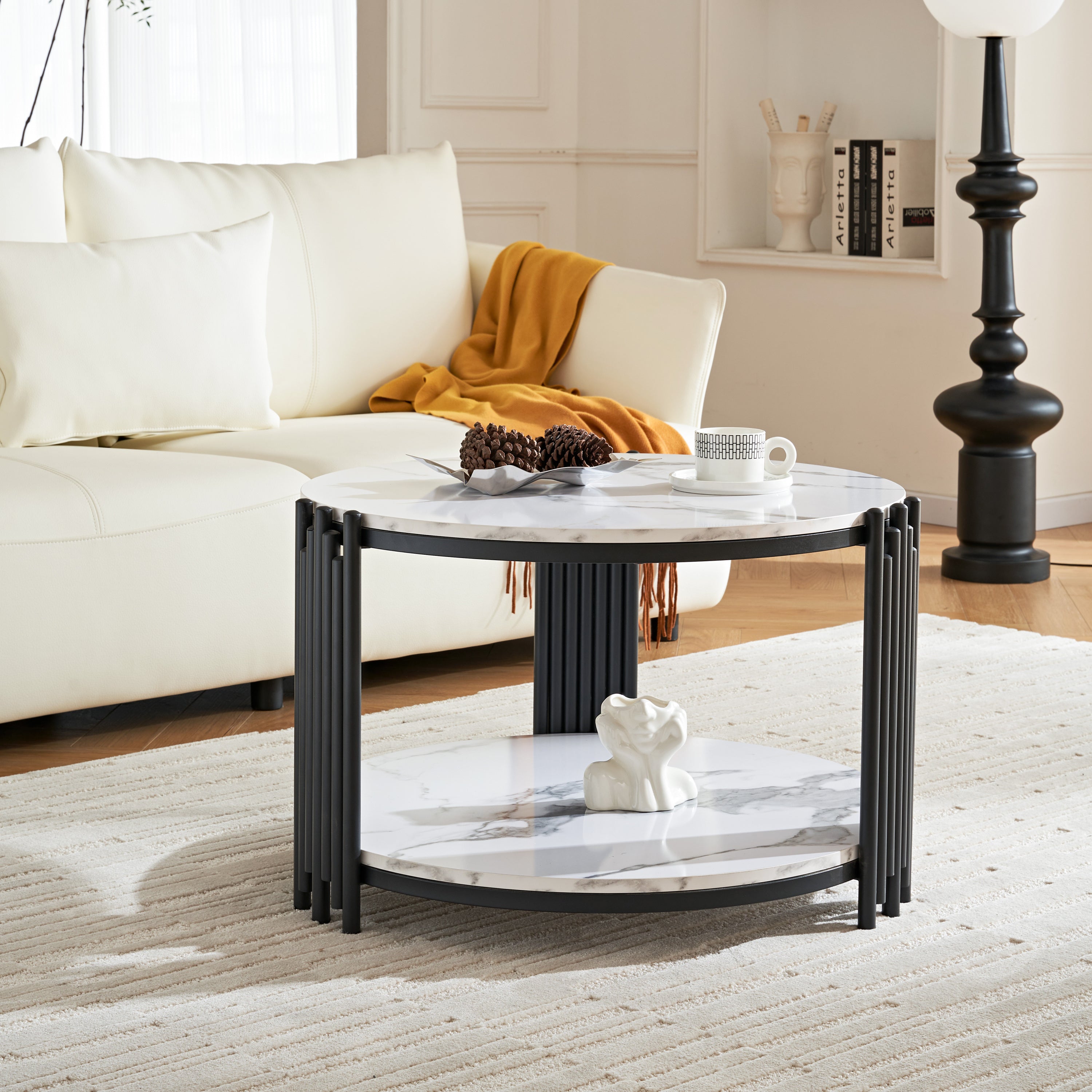 28.35 Inches Round Coffee Table, Small Coffee Table With Storage, Faux Marbling Top & Sturdy Metal Legs, Modern Sofa Table for Living Room, Small Spaces, Home Furniture With Storage Open Shelf.(Black)