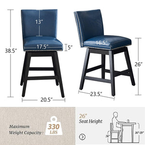 26" Upholstered Swivel Bar Stools Set of 2, Modern PU Leather High Back Counter Stools with Nail Head Design and Wood Frame