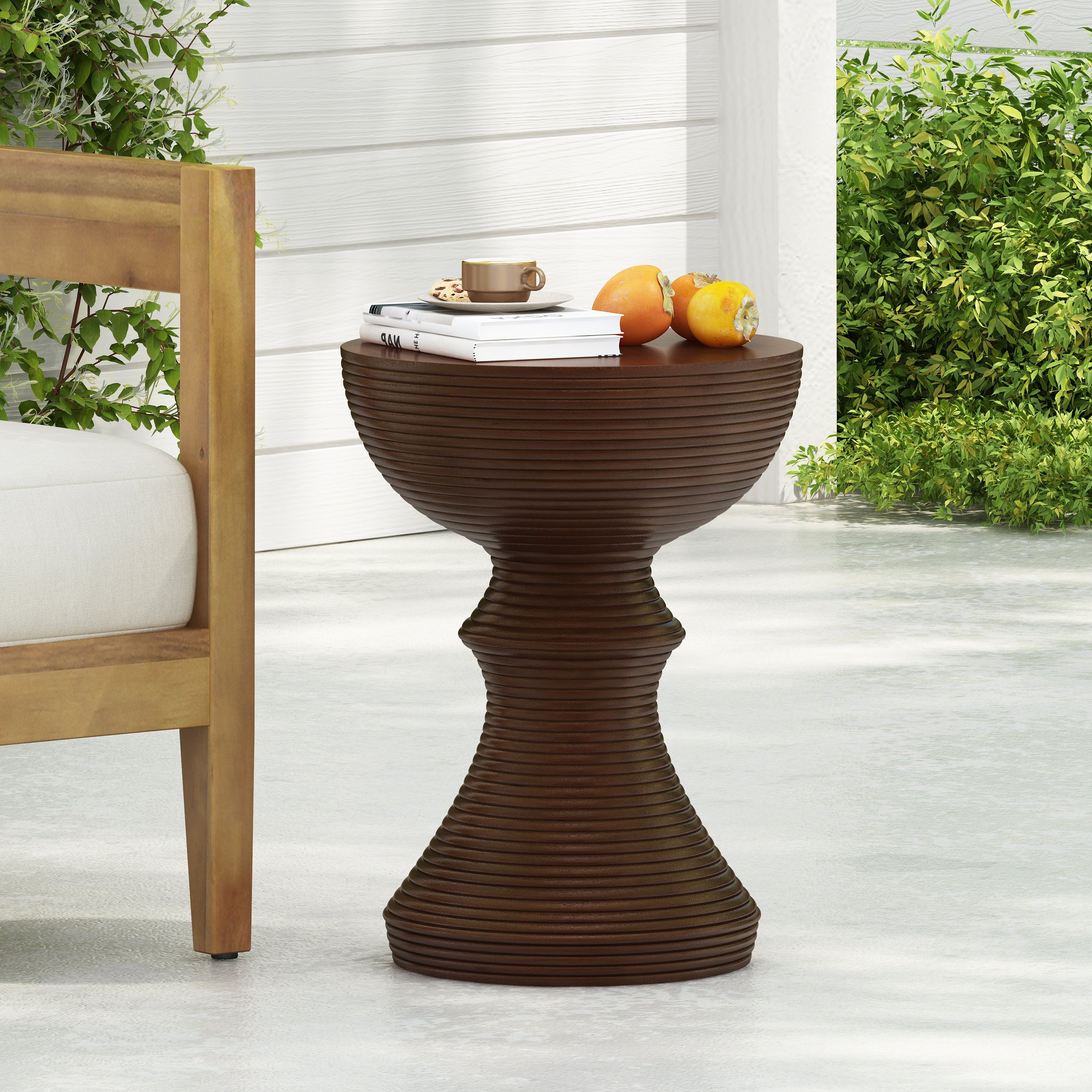 16" Ribbed Brown Concrete Outdoor Side Table With Hourglass Design – Weather-Resistant Accent for Patio, Garden, Or Balcony