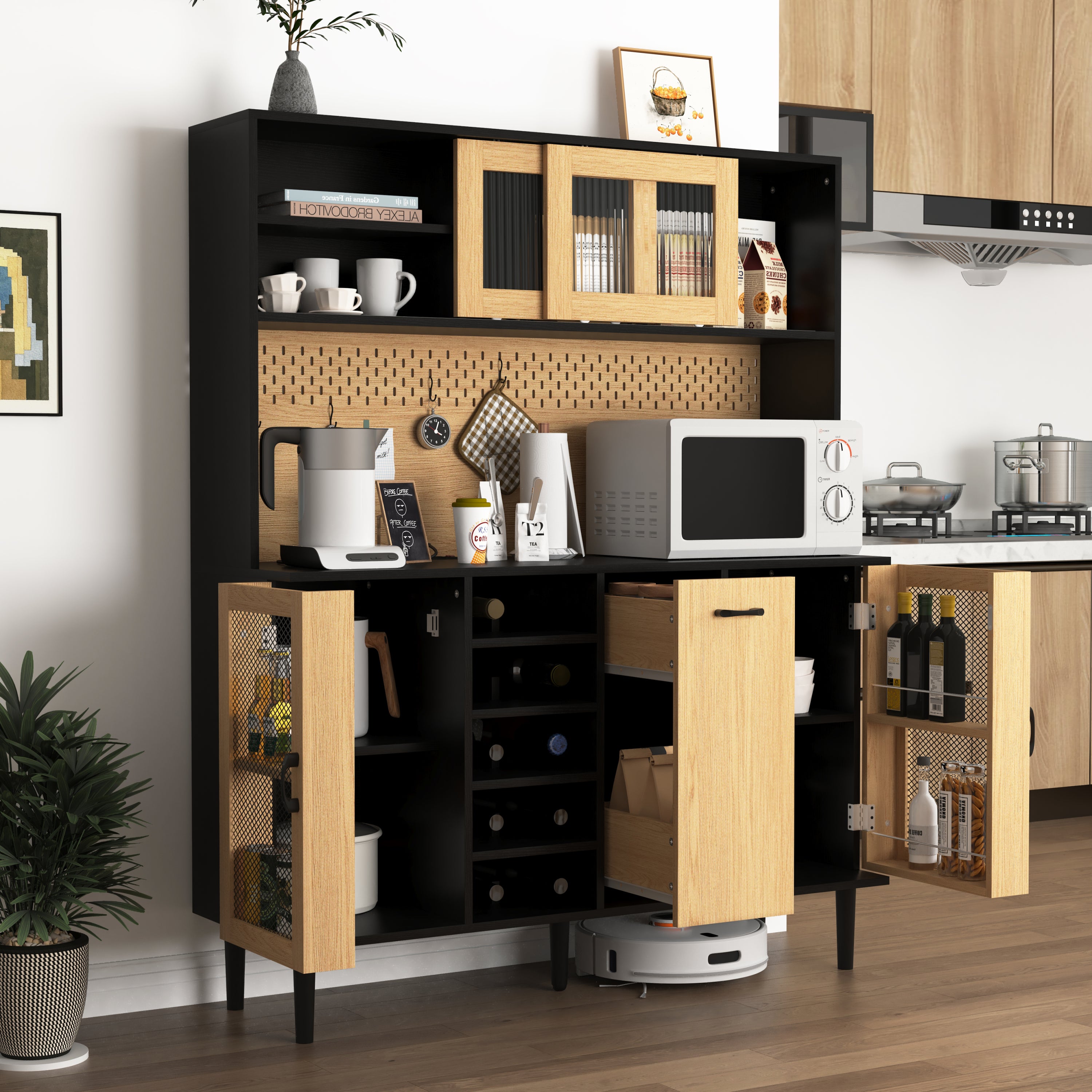 59' H Buffet Sideboard Cabinet with Storage Door & Power Outlet, Farmhouse Coffee Bar Cabinet with Wine Rack, Kitchen Pantry Living Room Black&Natural