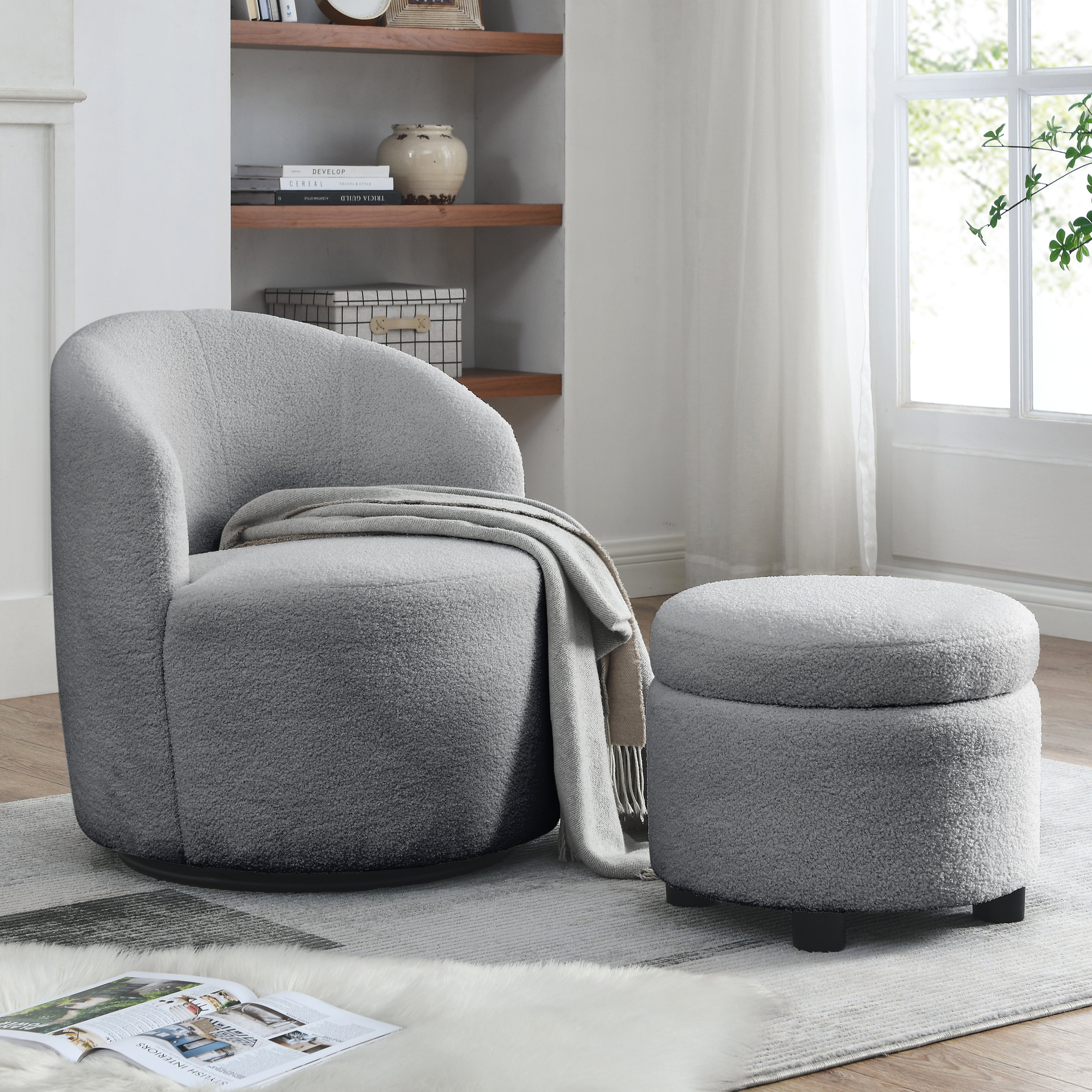 Welike Swivel Barrel Chair, Living Room Swivel Chair With Round Storage Chair, 360 ° Swivel Club Chair, Nursery, Bedroom, Office, Hotel With Upholstered Modern Armchair, Teddy Fabric