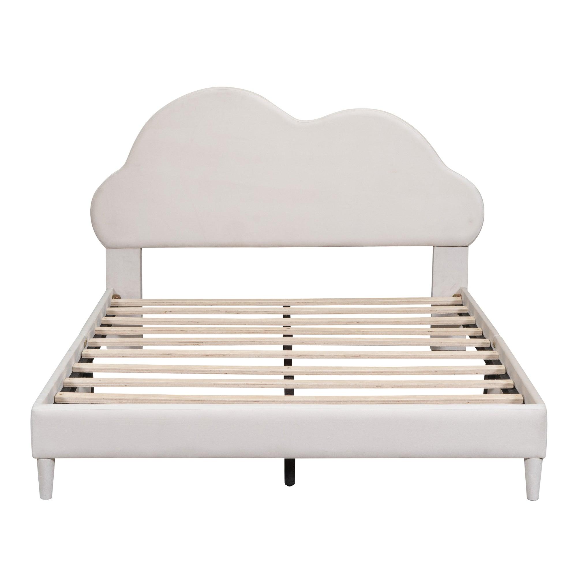 Full size Upholstered Cloud-Shape Bed , Velvet Platform Bed with Headboard, No Box-spring Needed, Beige