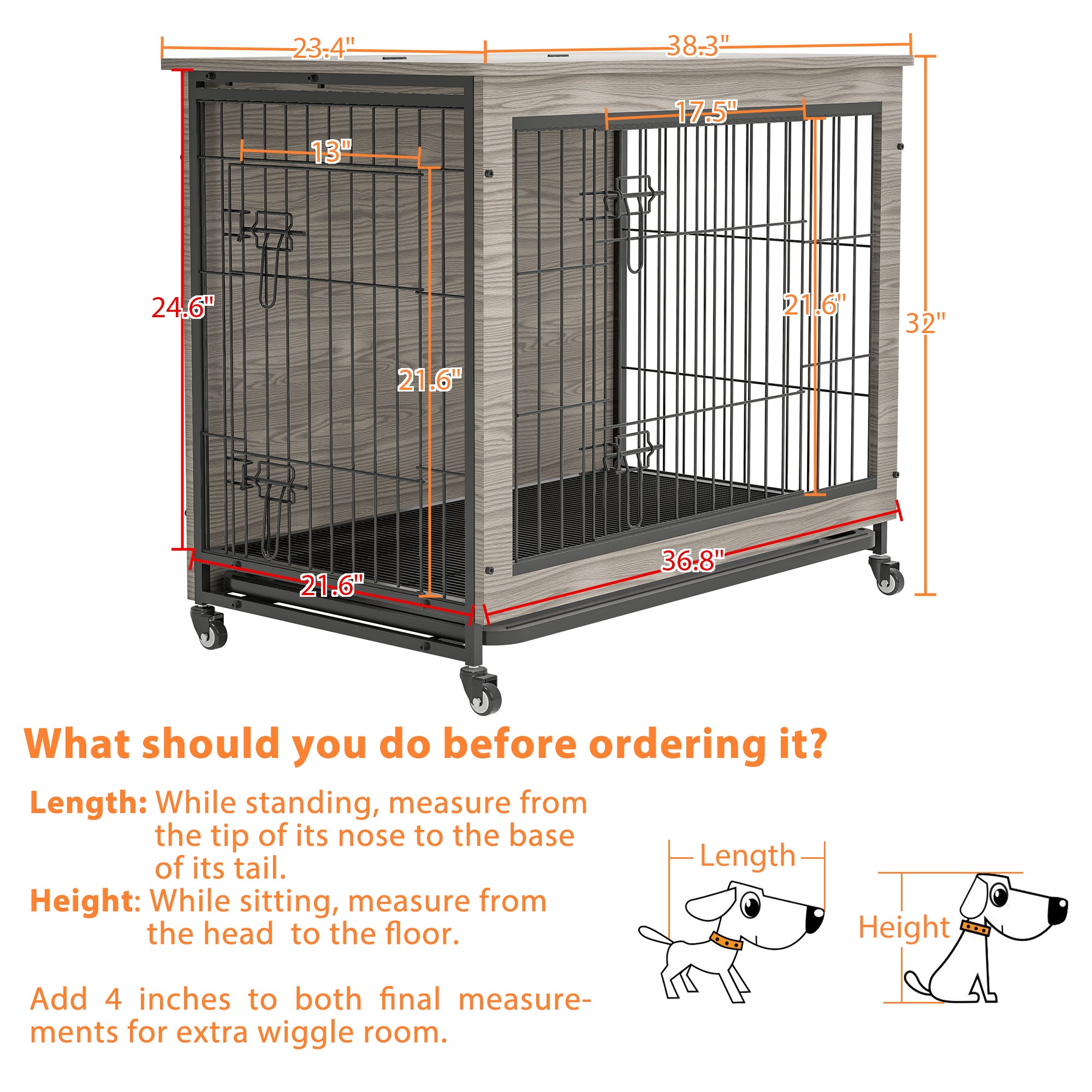 🆓🚛 Dog Crate Furniture, 38'' Heavy Duty Wooden Dog Kennel With Double Doors & Flip-Top for Large Dogs, Furniture Style Dog Crate End Table With Wheels, Gray 38.3"L X 23.4"W X 32"H