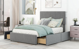 Full Size Upholstery Platform Bed with Four Drawers on Two Sides, Adjustable Headboard, Grey