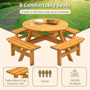 8 Person Wooden Picnic Table, Outdoor Camping Dining Table with Seat, Garden, DIY w/ 4 Built-in Benches, 2220lb Capacity - Natural LamCham