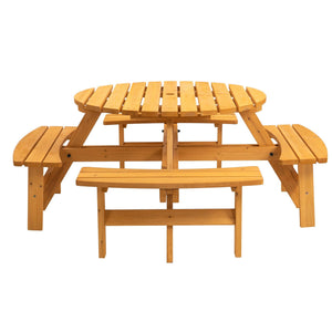 8 Person Wooden Picnic Table, Outdoor Camping Dining Table with Seat, Garden, DIY w/ 4 Built-in Benches, 2220lb Capacity - Natural LamCham