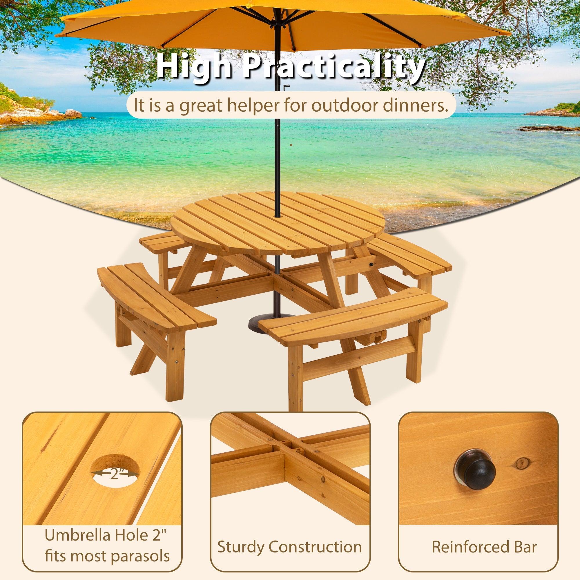 8 Person Wooden Picnic Table, Outdoor Camping Dining Table with Seat, Garden, DIY w/ 4 Built-in Benches, 2220lb Capacity - Natural LamCham