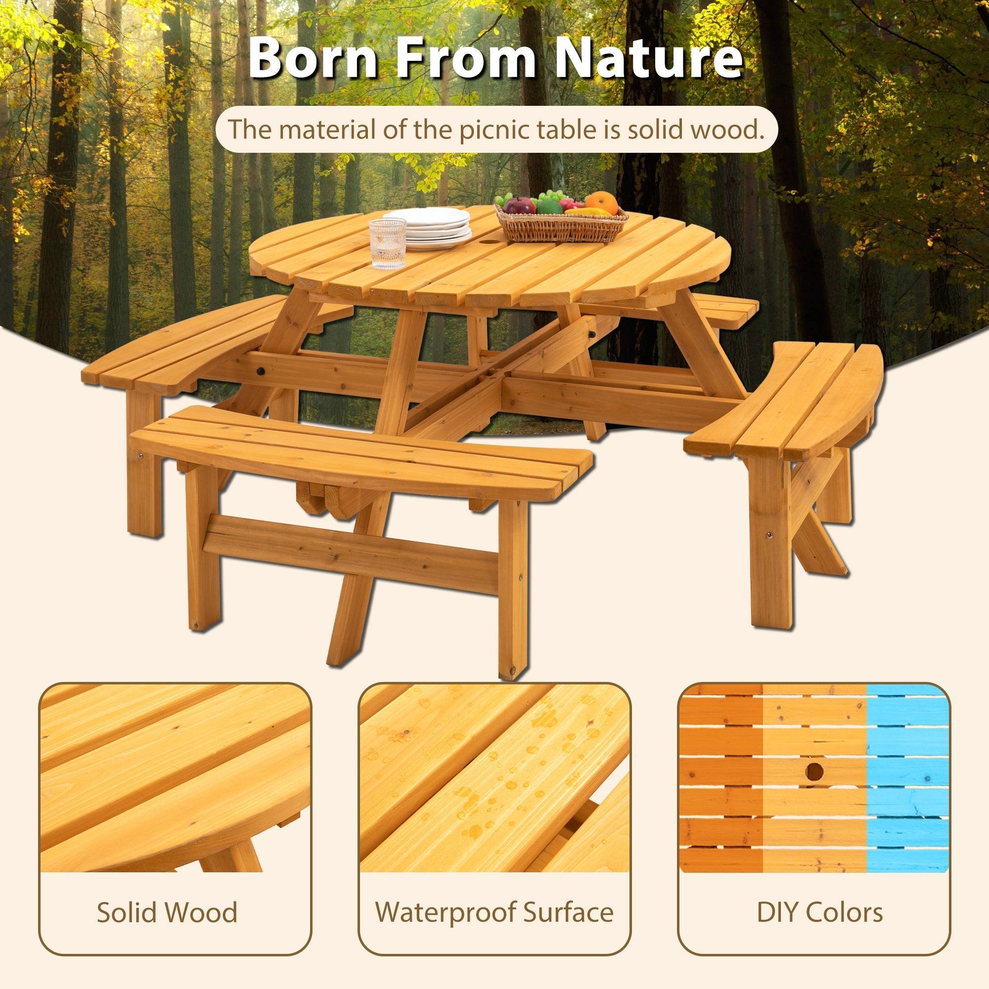 8 Person Wooden Picnic Table, Outdoor Camping Dining Table with Seat, Garden, DIY w/ 4 Built-in Benches, 2220lb Capacity - Natural LamCham