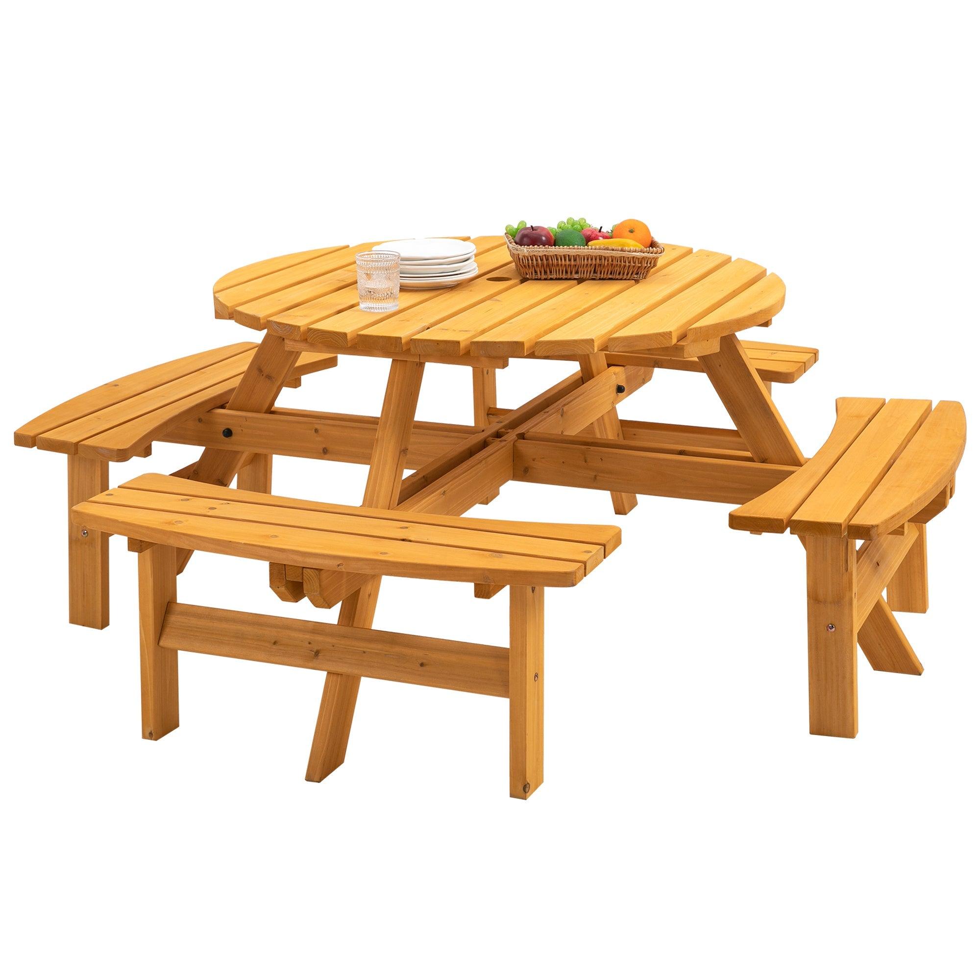 8 Person Wooden Picnic Table, Outdoor Camping Dining Table with Seat, Garden, DIY w/ 4 Built-in Benches, 2220lb Capacity - Natural LamCham