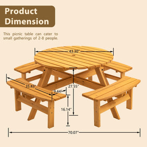 8 Person Wooden Picnic Table, Outdoor Camping Dining Table with Seat, Garden, DIY w/ 4 Built-in Benches, 2220lb Capacity - Natural LamCham