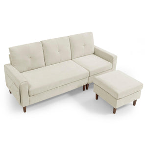 80” Convertible Sectional Sofa Couch, 3 Seats L-Shape Sofa With Removable Cushions And Pocket, Rubber Wood Legs, Beige Chenille LamCham