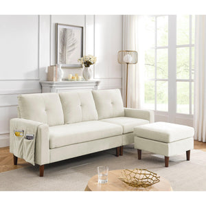 80” Convertible Sectional Sofa Couch, 3 Seats L-Shape Sofa With Removable Cushions And Pocket, Rubber Wood Legs, Beige Chenille LamCham