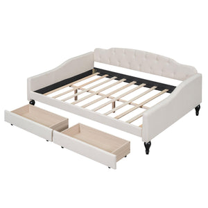 Full Size Upholstered Tufted Daybed with Two Drawers, Beige