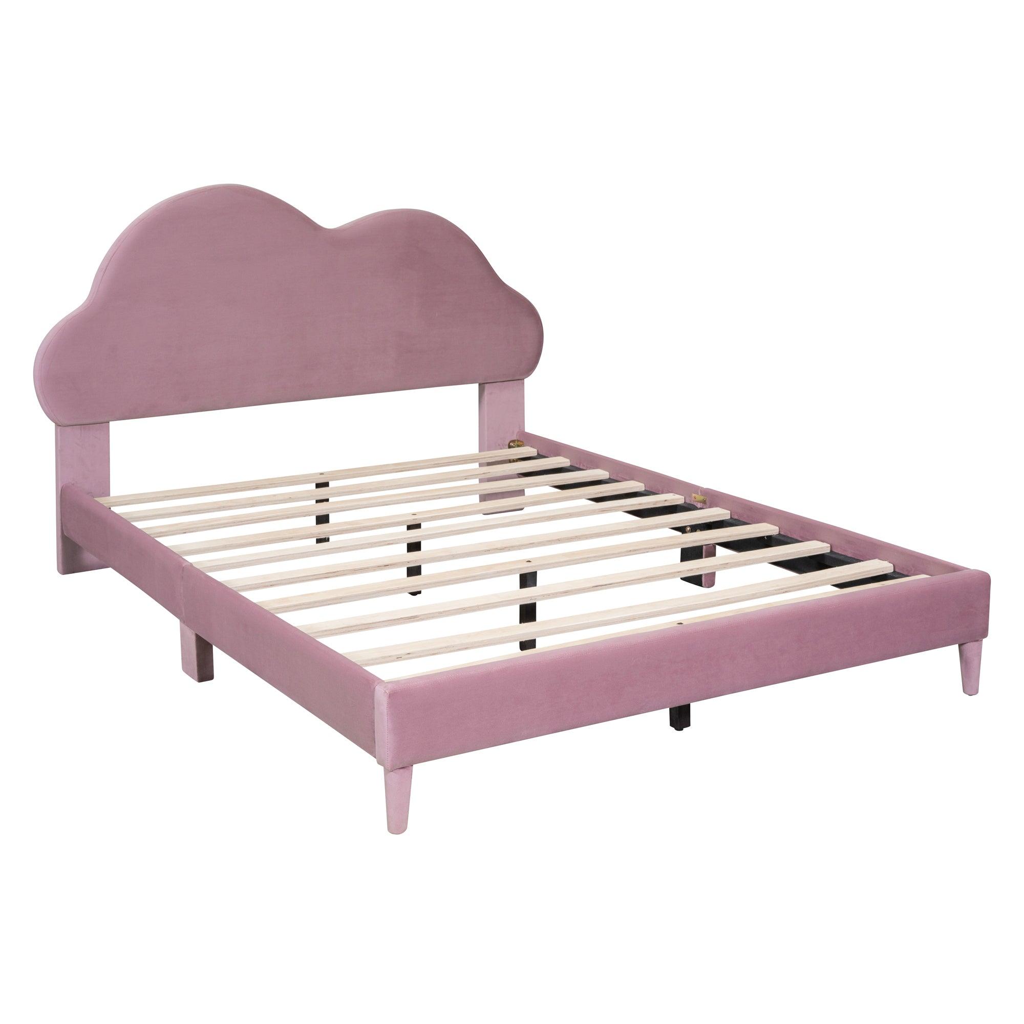 Full size Upholstered Cloud-Shape Bed , Velvet Platform Bed with Headboard, No Box-spring Needed, Pink