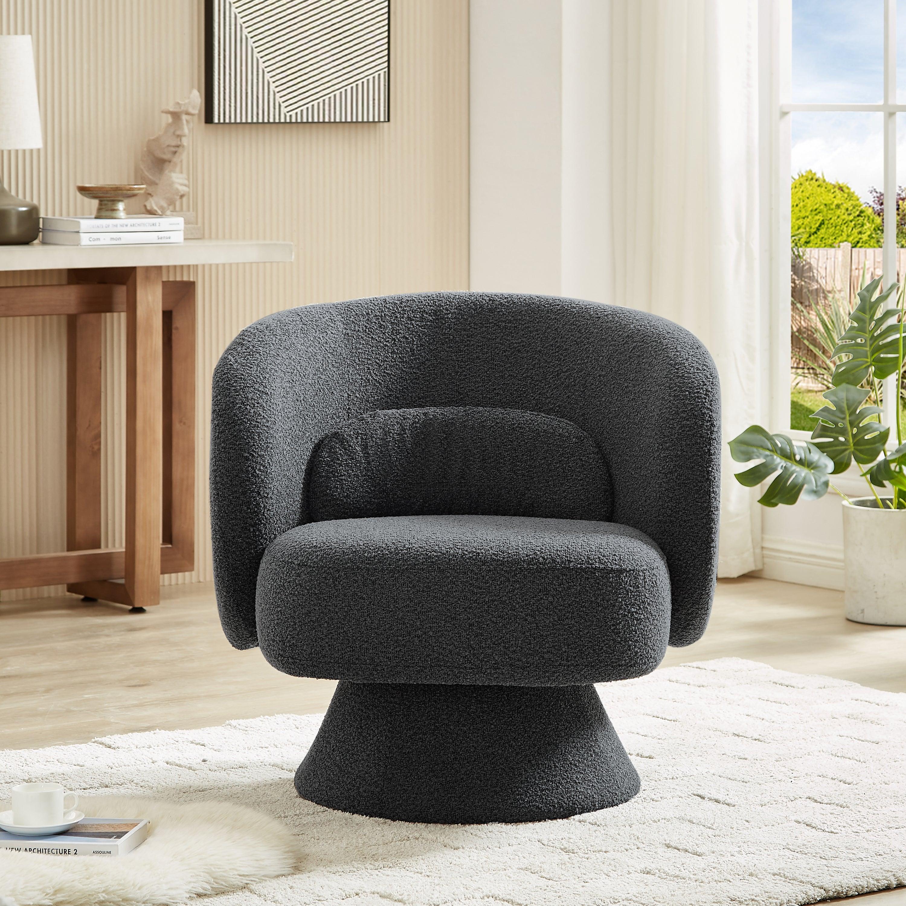 🆓🚛 360 Degree Swivel Sherpa Accent Chair Modern Style Barrel Chair With Toss Pillows for Home Office, Living Room, Bedroom, Dark Gray