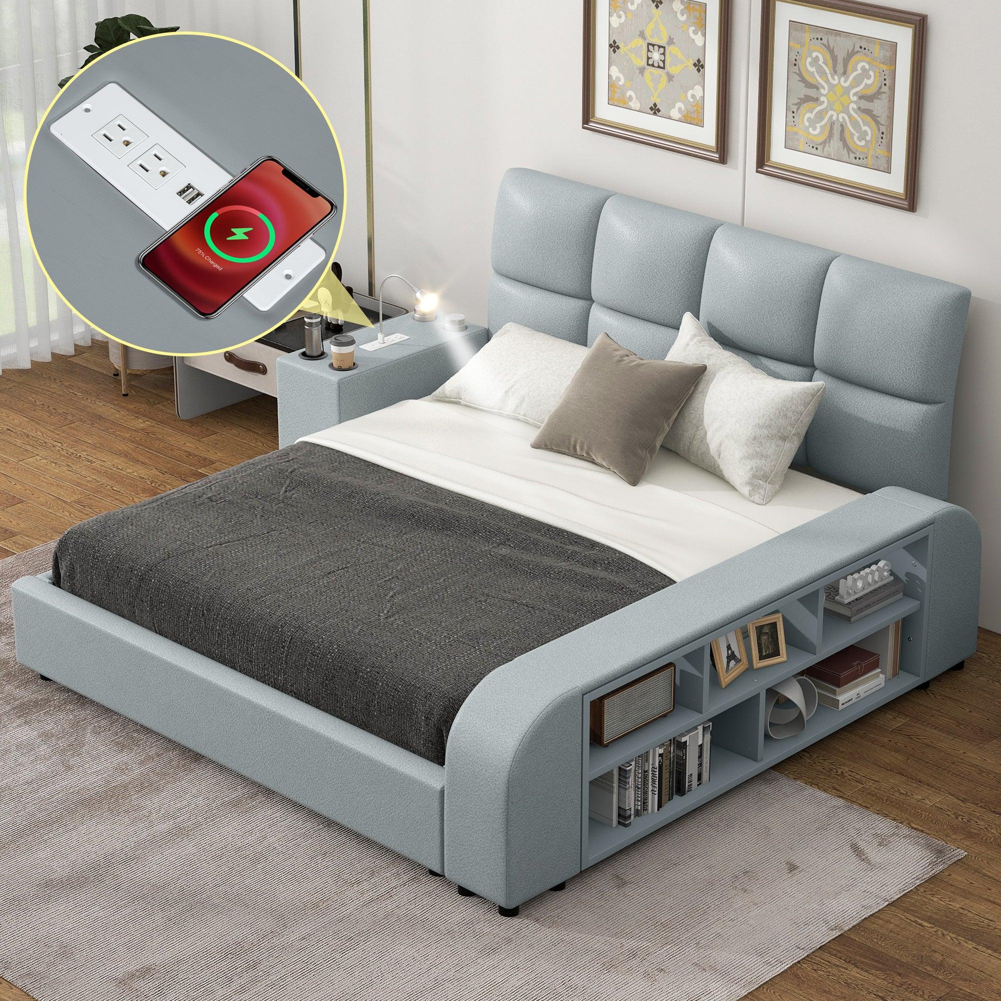 🆓🚛 Queen Size Upholstered Platform Bed With Multimedia Nightstand & Storage Shelves, Gray