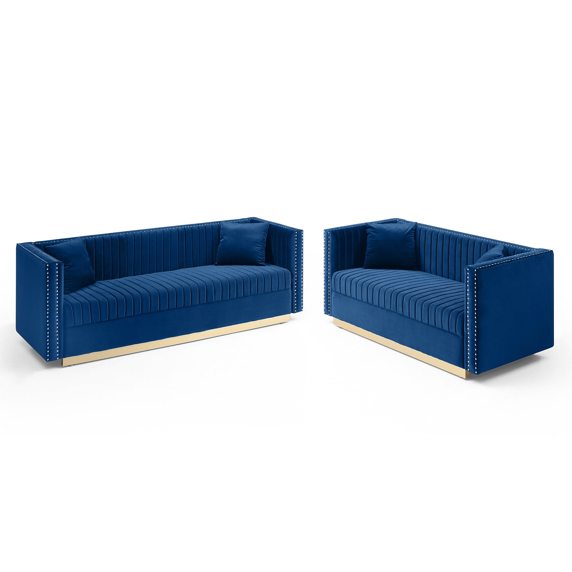 🆓🚛 Contemporary Vertical Channel Tufted Velvet Sofa Loveseat Set Modern Upholstered 2Pcs Set Couch for Living Room Apartment With 4Pillows, Blue