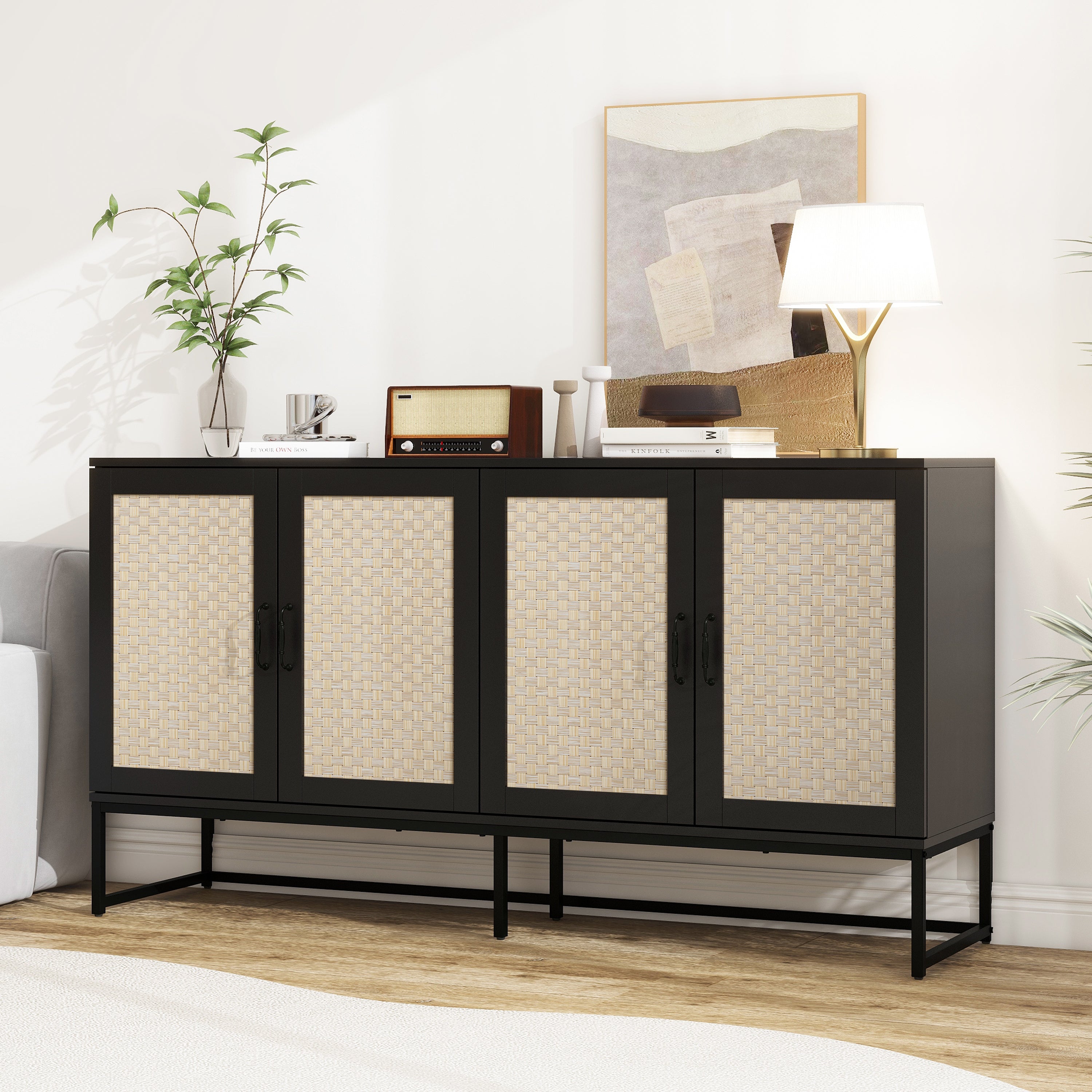 Rattan 4-Door Sideboard, Sideboard Buffet Storage Cabinet, Accent Storage Cabinet, Large Cabinet With 4 Rattan Decorated Doors for Living Room Dining Room