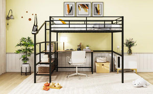 Full Size Metal Loft Bed with Desk and Lateral Storage Ladder, Black