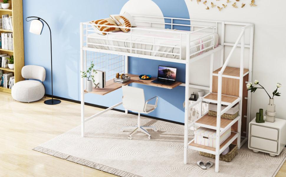 Full Size Metal Loft Bed with Desk and Metal Grid, Stylish Metal Frame Bed with Lateral Storage Ladder and Wardrobe, White