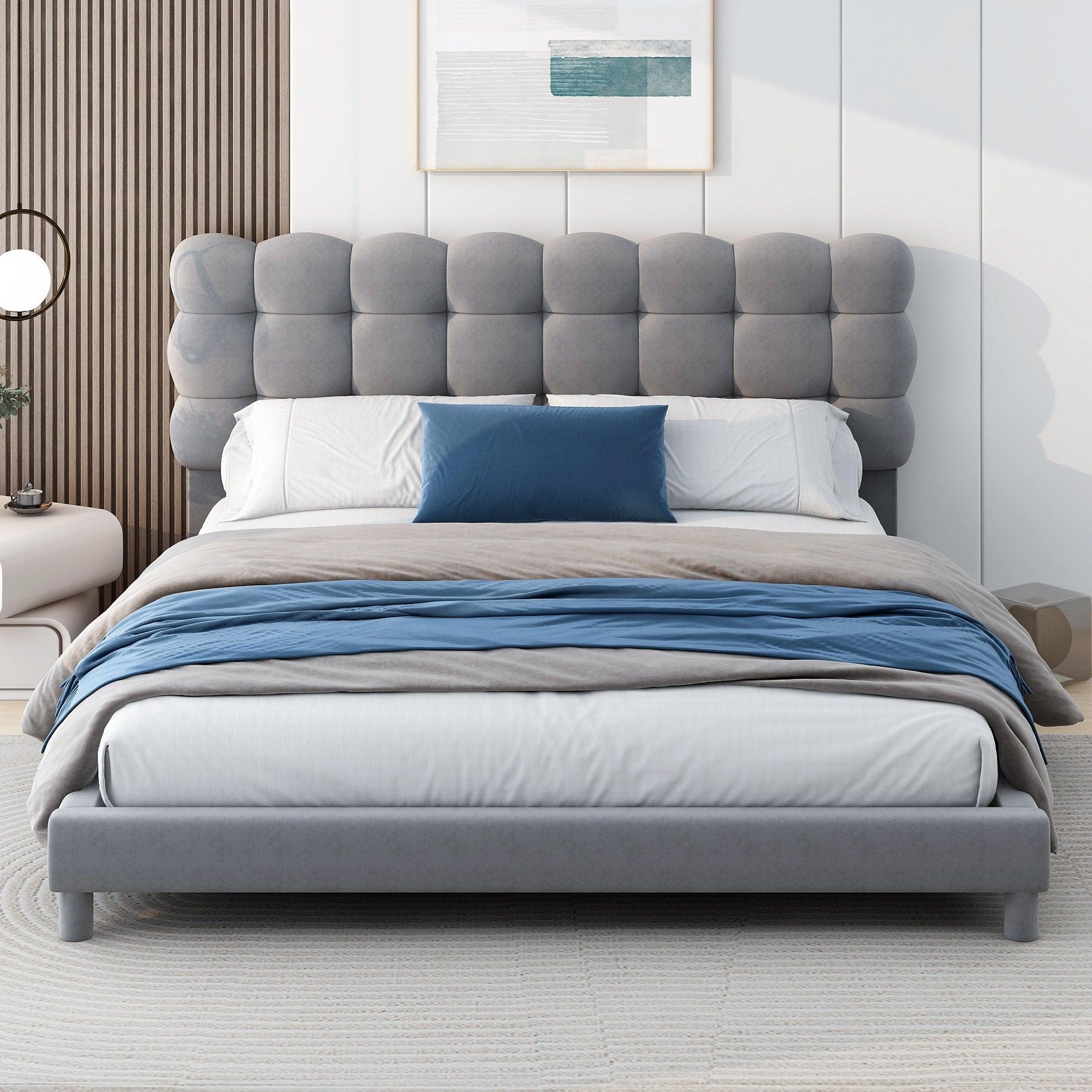 🆓🚛 Full Size Upholstered Platform Bed With Soft Headboard, Gray
