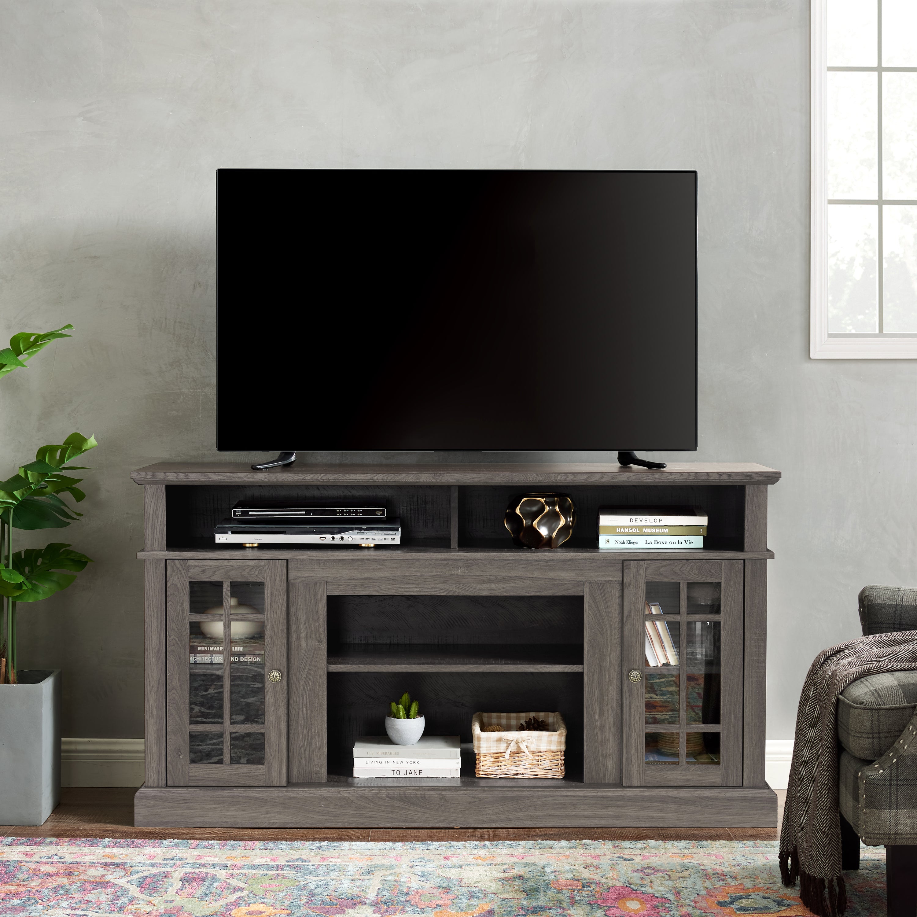 🆓🚛 Classic TV Media Stand Modern Entertainment Console for Tv Up To 65" With Open and Closed Storage Space, Dark Walnut/Black, 58.25"W*15.75"D*32"H