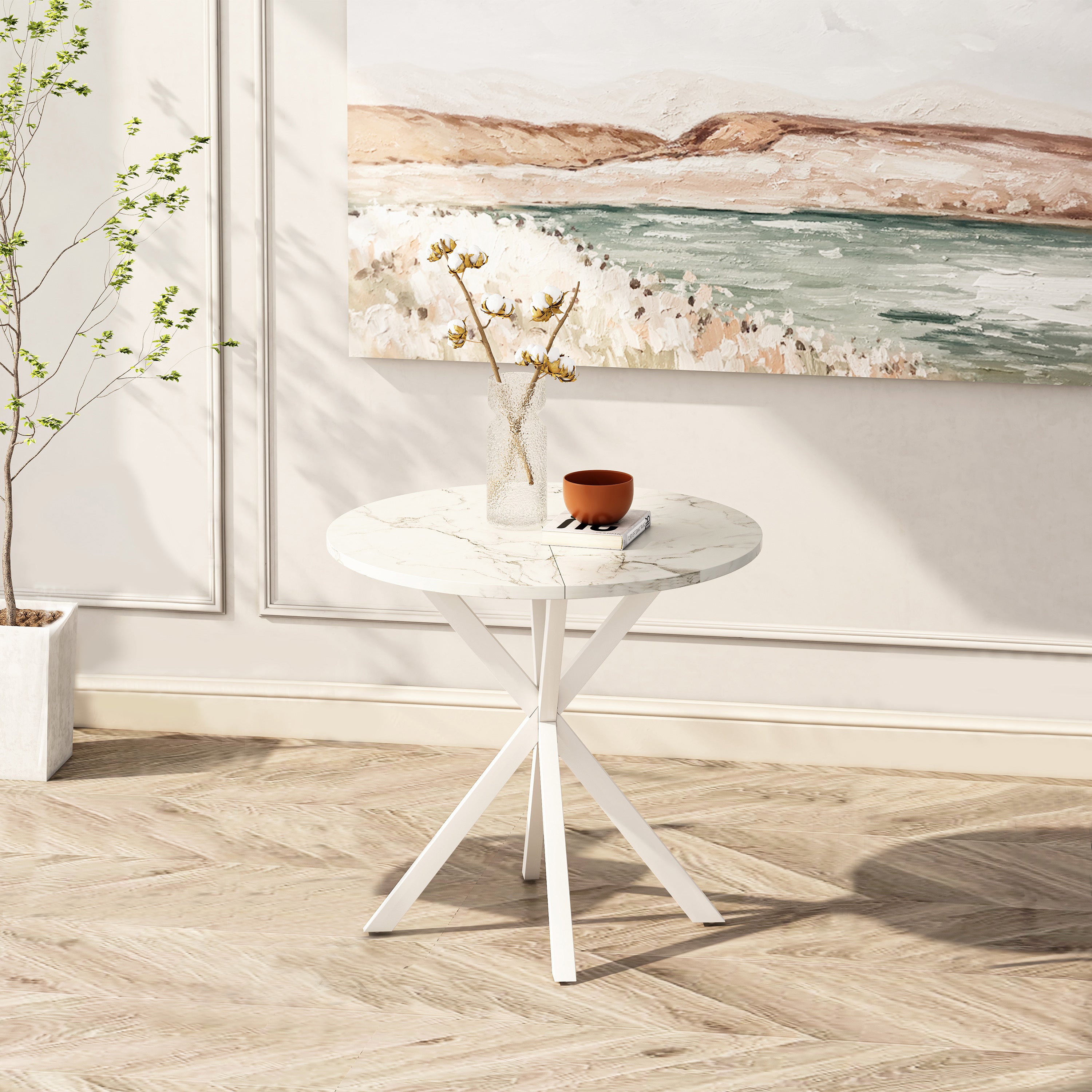 31.5'' Modern Cross Leg Round Dining Table, White Marble Top Occasional Table, Two Piece Removable Top, Matte Finish Iron Legs